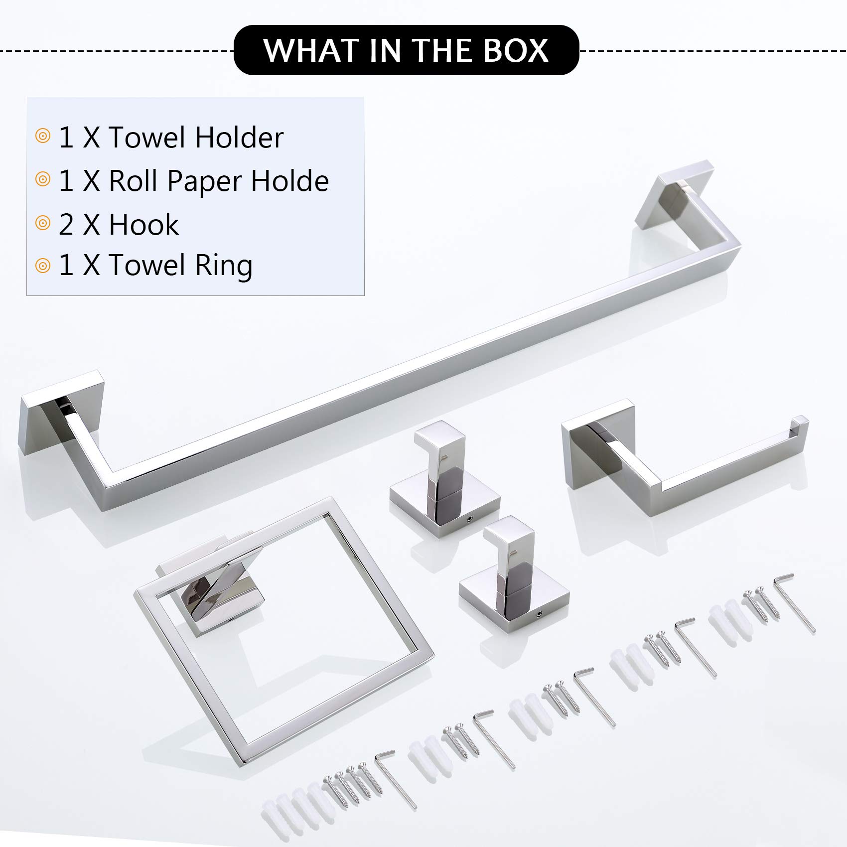 Polished Chrome 5-Piece Bathroom Hardware Set - Stainless Steel Towel Bar, Holder, Toilet Paper Stand & Hooks - Wall Mounted for Modern Bathrooms & Powder Rooms