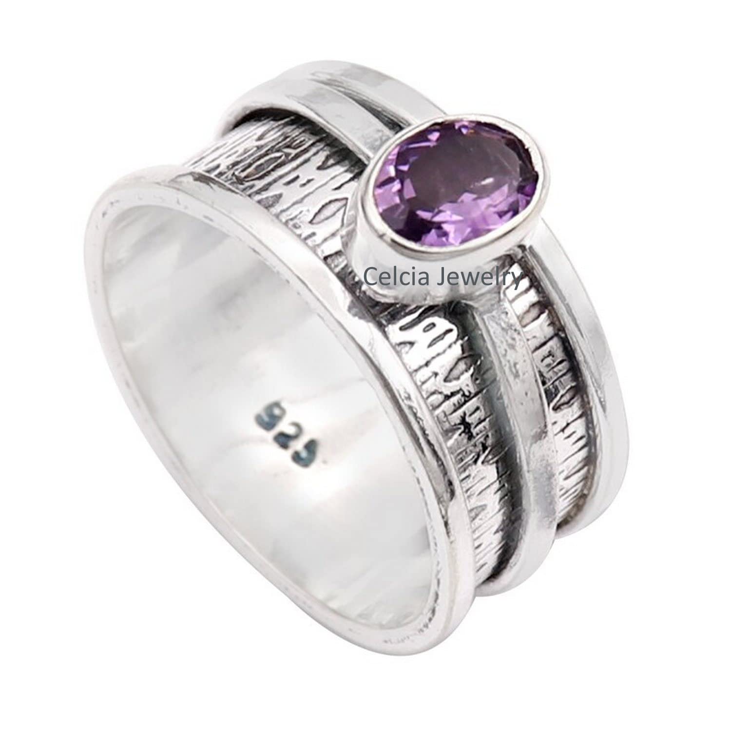 Natural Amethyst Purple Gemstone Oval Spinner Ring - Handmade Vintage Jewelry for Women, February Birthstone Gift for Mom, Wedding, Meditation & Spiritual Healing | US Size 7 | Elegant Statement Ring for Daily Wear & Special Occasions