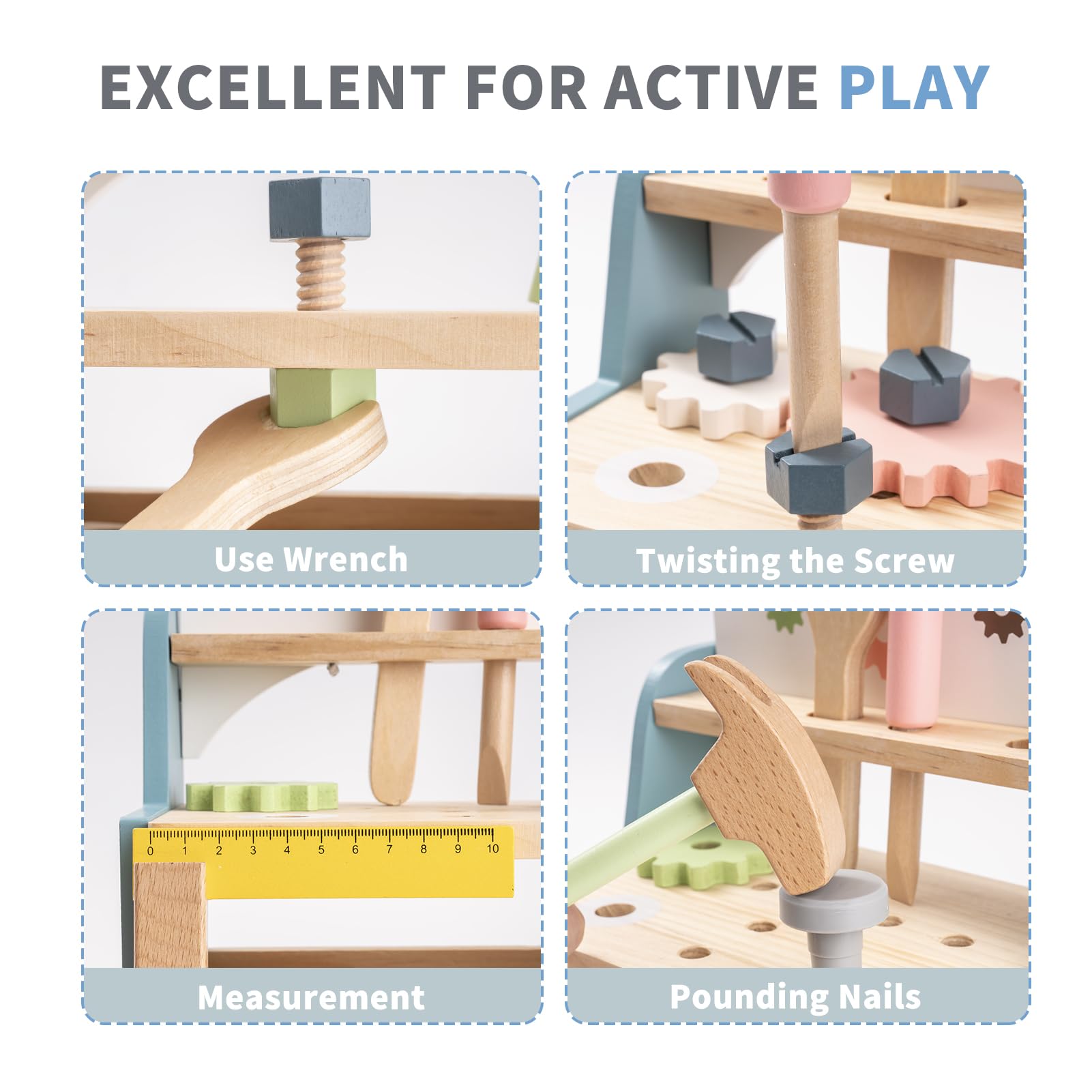 ROBOTIME Wooden Tool Bench Set for Kids - Construction Pretend Play Toys with Wooden Tools, Educational Building Toy Gift for Toddlers Ages 18 Months to 5 Years - Perfect for Role Play, Early Learning & Motor Skill Development