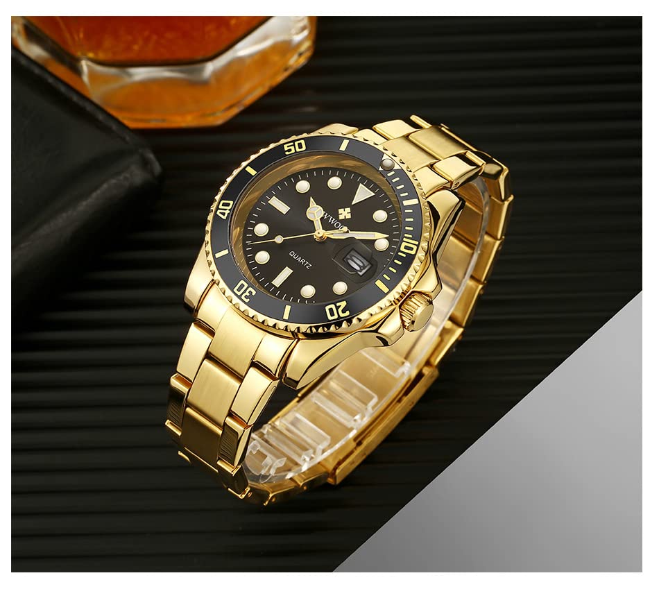 MASTOP Men's Rotatable Bezel Blue Dial Luminous Watch - Gold Stainless Steel Band Waterproof Analog Quartz Wristwatch for Diving, Swimming & Outdoor Activities