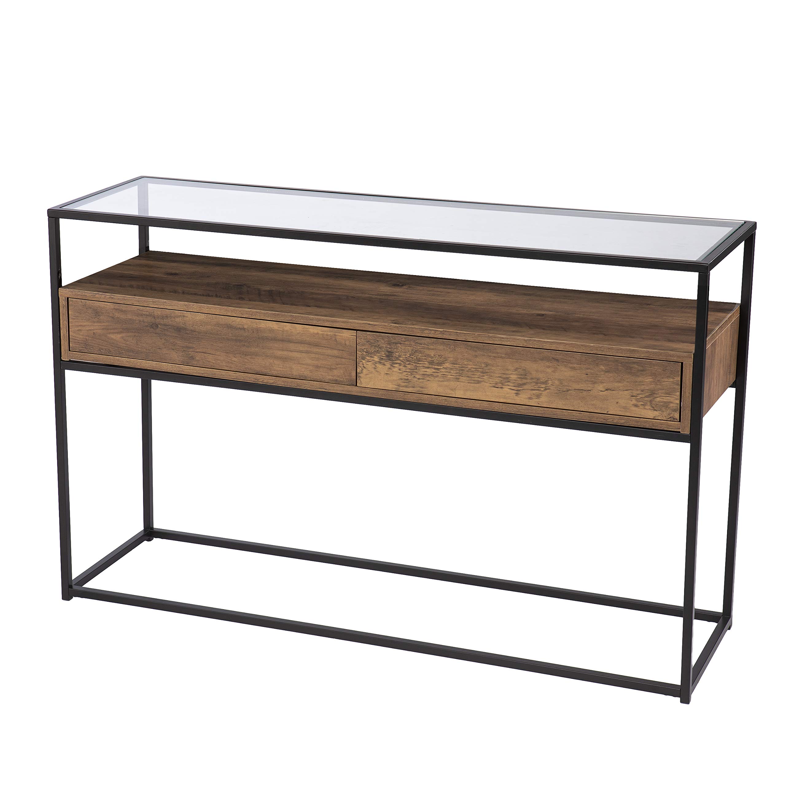 SEI Furniture Olivern Glass-Top Console Table with Storage - Modern Industrial Farmhouse Style Entryway Table for Living Room, Hallway & Foyer - Brown Wooden Sofa Table with Open Shelf Design