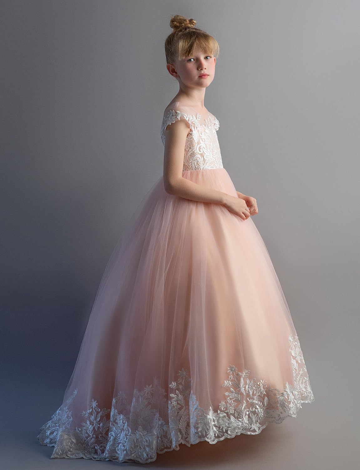 Miami Cap Sleeves V-Back Lace Tulle Flower Girl Dress & Junior Bridesmaid Gown - Perfect for Weddings, Flower Girls, and Special Occasions