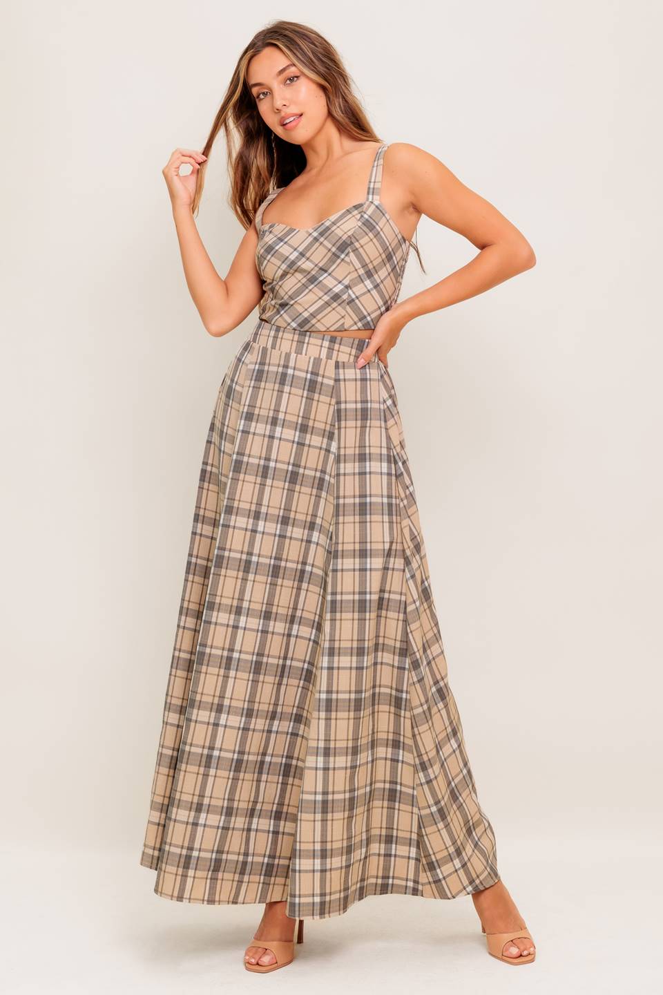 Heritage Charm Beige Plaid Top & Skirt Set - Vintage-Inspired Women's Outfit for Casual Wear & Fall Fashion