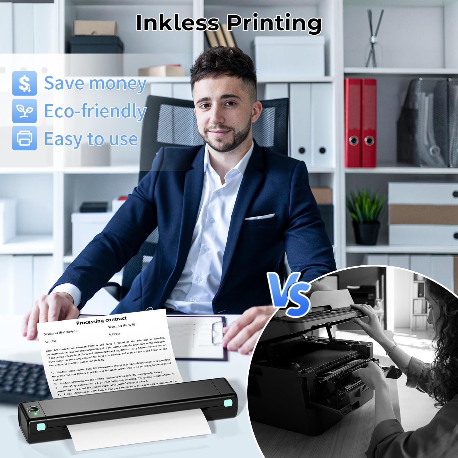 Phomemo M08F Wireless Thermal Portable Printer - Bluetooth Compact Inkless Printer for Travel & Home Use, Supports 8.5