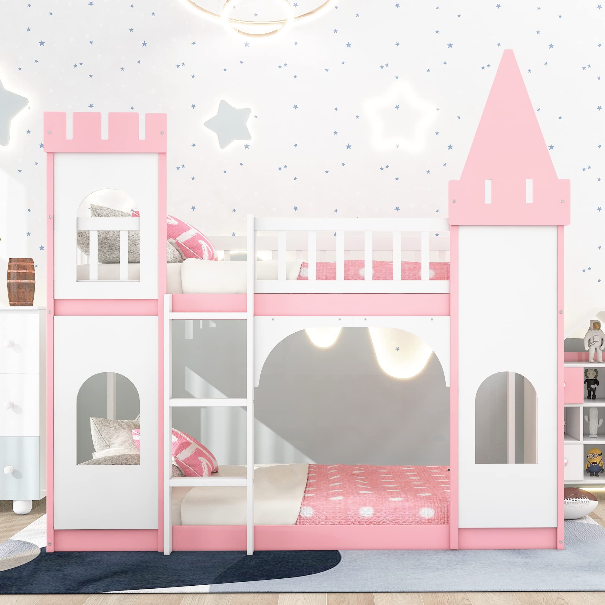 MERITLINE Twin Over Twin Wooden Castle Loft Bunk Bed with Safety Rail & Ladder - Kids Low Bunk Bed Frame for Boys & Girls - Perfect for Bedroom, Dorm, Playroom & Sleepovers (Pink)