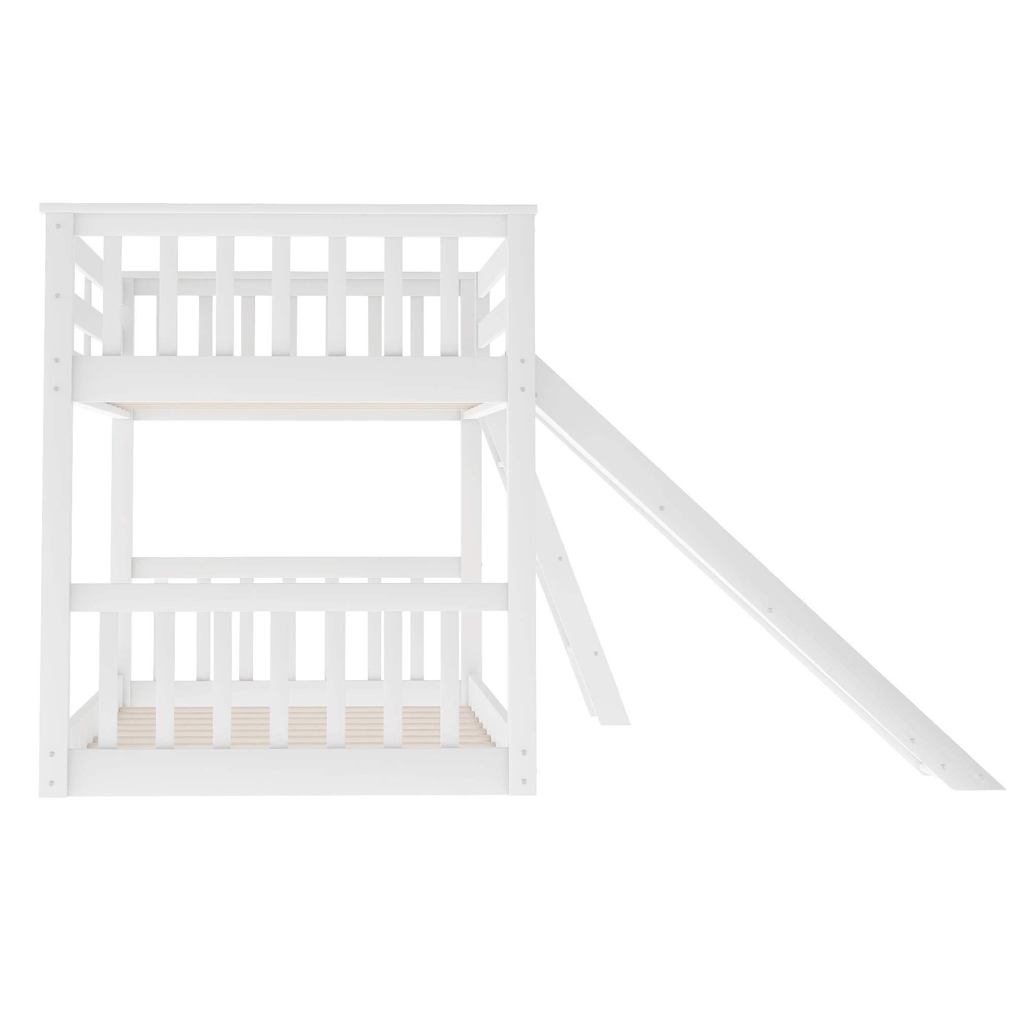 Harper & Bright Solid Wood Twin Over Twin Low Bunk Bed with Slide & Angled Ladders - Kids Bunk Bed for Toddlers to Teens (White) - Perfect for Small Bedrooms, Shared Kids Rooms & Sleepovers