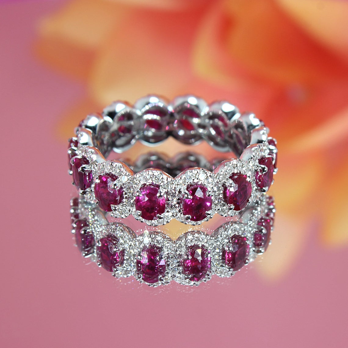 3.20 Carat Genuine Oval Ruby Eternity Ring with Diamond Halo - Perfect for Engagement, Anniversary & Special Occasion Gifts