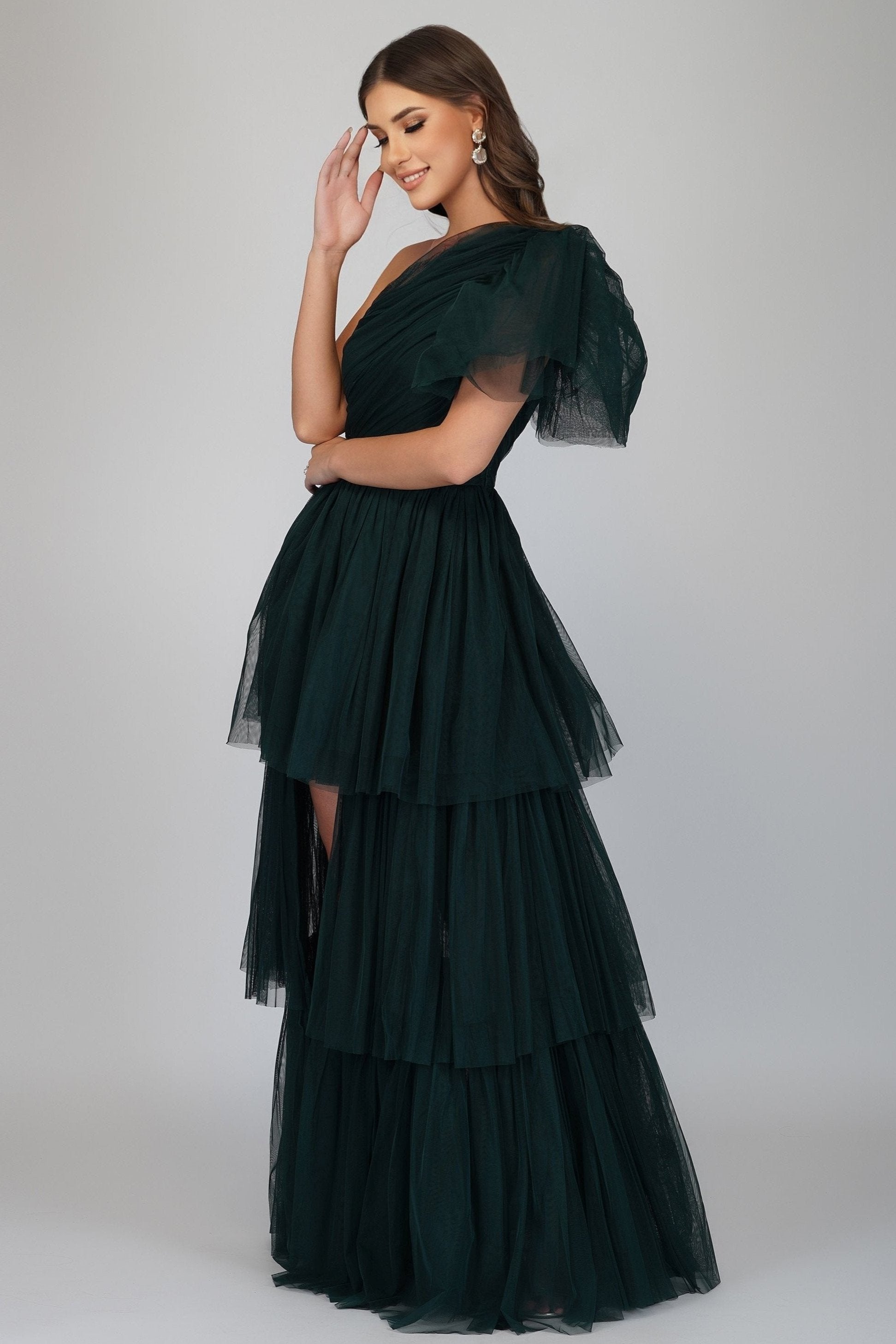 Elegant Rowena Emerald Green One Shoulder Tulle Gown for Women | Formal Evening Dress for Prom, Wedding & Special Occasions