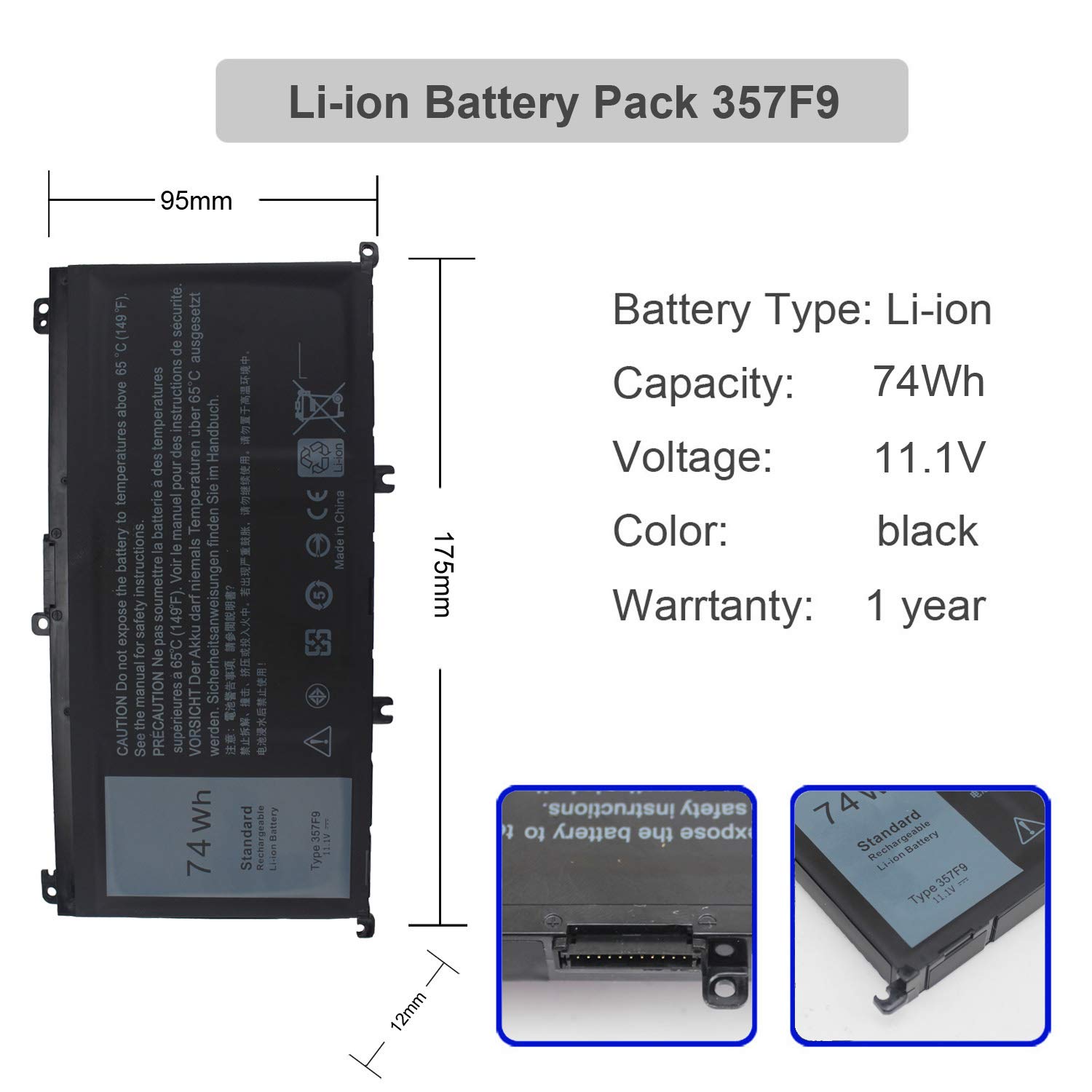 74WH 357F9 Replacement Laptop Battery for Dell Inspiron 15 7000 Gaming Series (7559/7557/5576/5577/7566/7567/7759) - Compatible with P65F, P57F, 071JF4, 0GFJ6, 0357F9 Models - 11.1V High Capacity Battery for Extended Gaming & Work Sessions