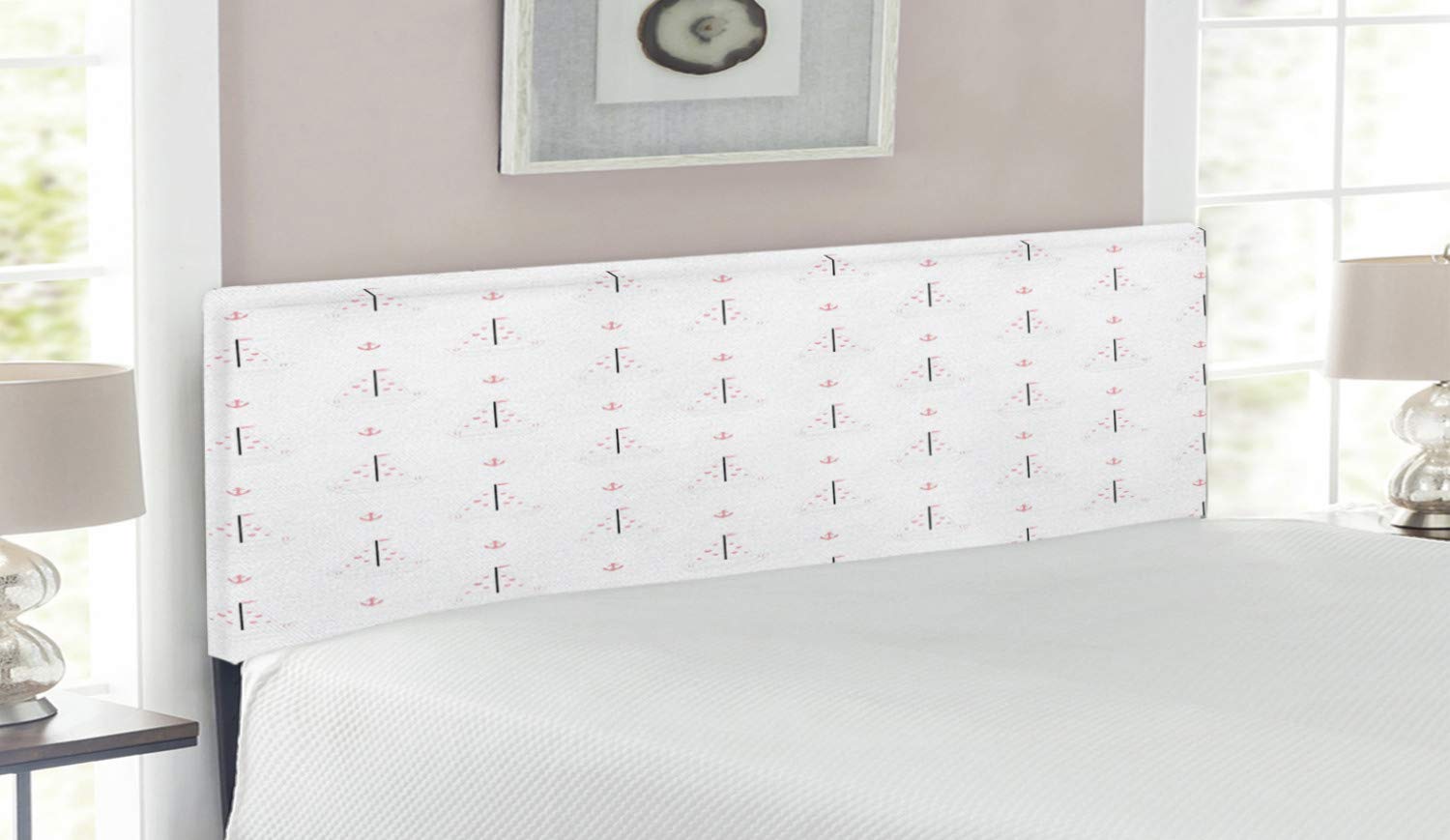 Lunarable Nautical Sailboat Headboard - Queen Size Upholstered Metal Bed Frame with Memory Foam, Heart & Anchor Design in Blush Black White | Perfect for Coastal Bedroom Decor, Maritime Theme Guest Room, or Sailor-Inspired Master Suite