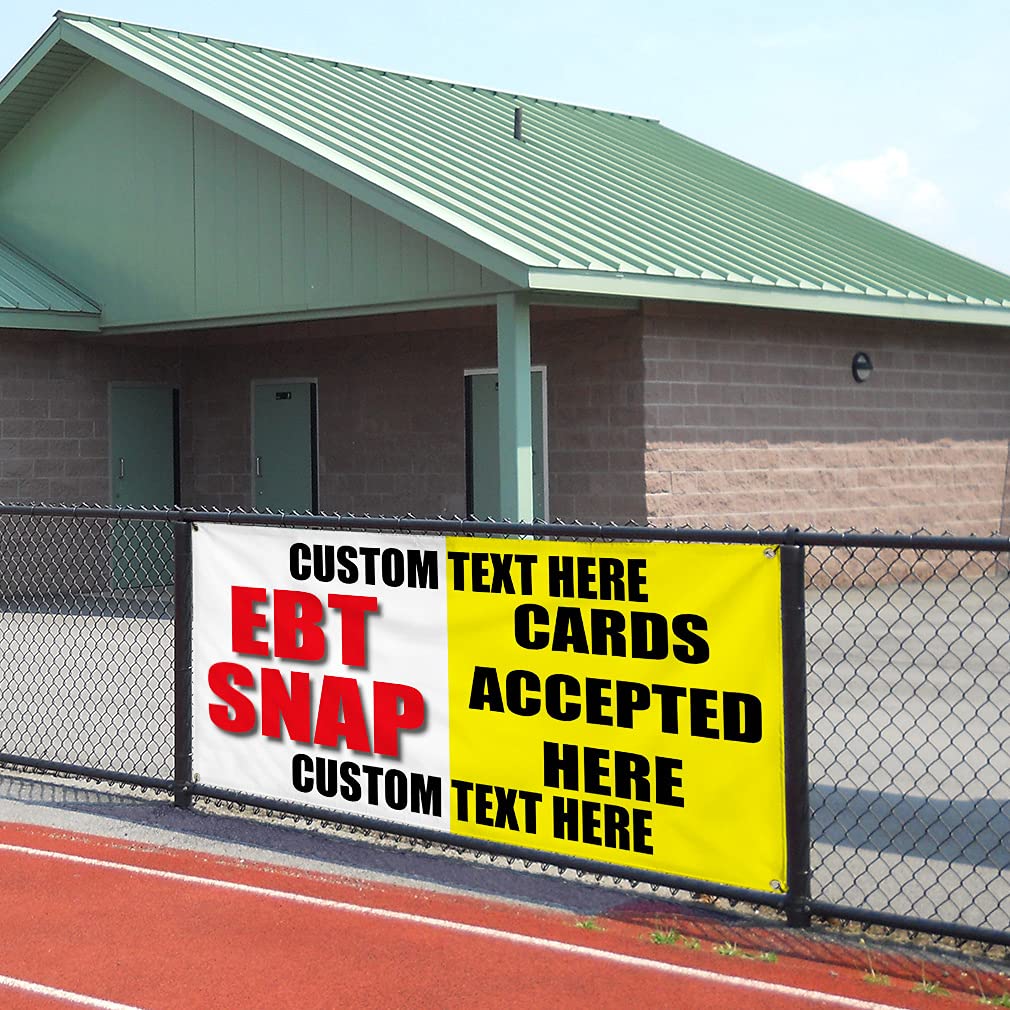 Custom Vinyl Banner - Multiple Sizes (60x144 Inches) | Weatherproof Outdoor Business Sign with 10 Grommets | Accepts EBT & Snap Cards | Buy Here Pay Here | Personalized Text Options | Perfect for Car Dealerships, Yard Sales & Storefront Advertising