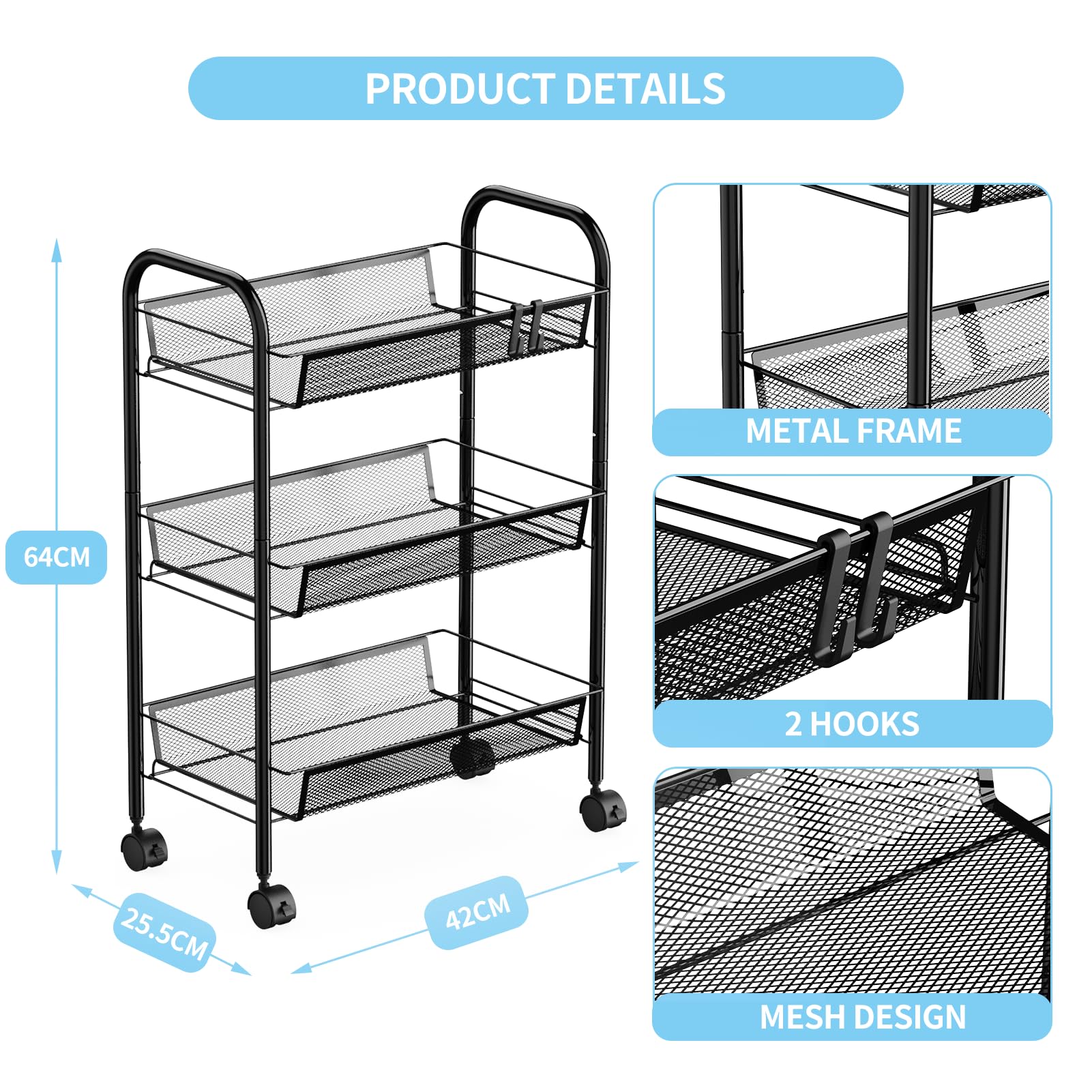 WELDUN 3-Tier Rolling Kitchen Cart with Metal Shelves & Handle - Mobile Storage Organizer for Kitchen, Bathroom, Bedroom & Office (Black) | Perfect for Small Space Organization & Home Storage Solutions