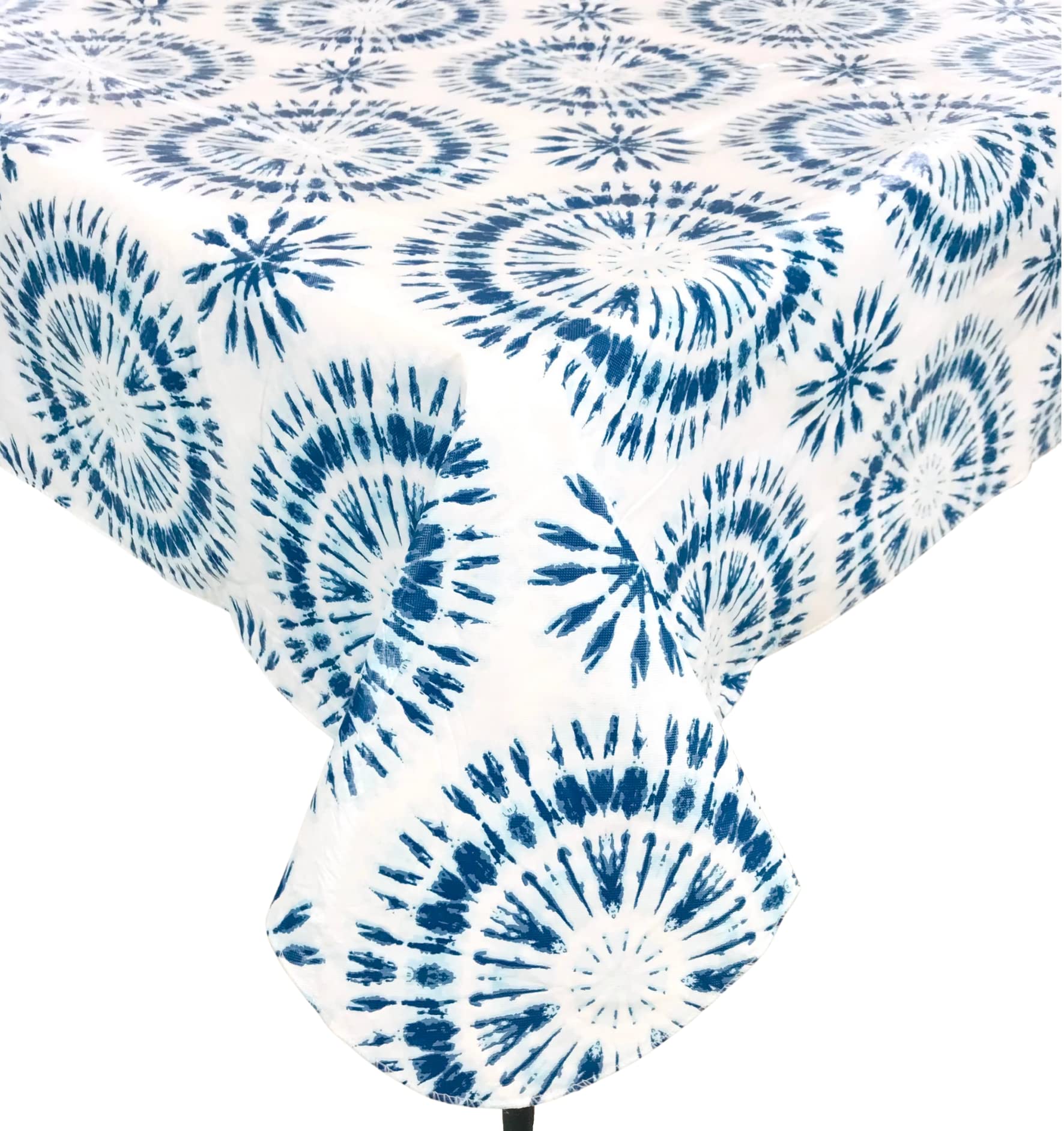 Tie Dye Blue Flannel Back Vinyl Tablecloth - Waterproof & Wrinkle-Resistant 52x52 Inch Table Cover for Outdoor Picnics, BBQs, Parties, Home Kitchen & Office Use - Easy to Clean & Durable