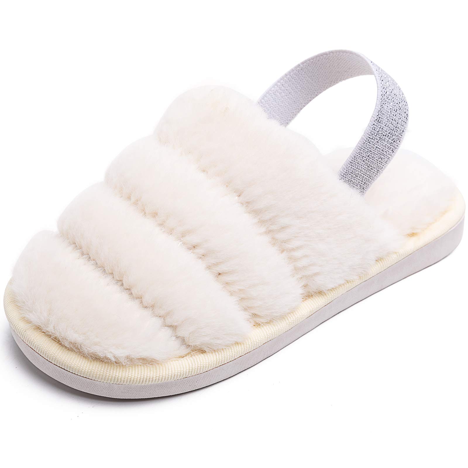 Kids Fluffy Fuzzy Slippers - Soft Faux Fur Open Toe House Shoes for Boys & Girls | Non-Slip Slides with Adjustable Strap | Perfect for Indoor Play, Lounge & Home Comfort