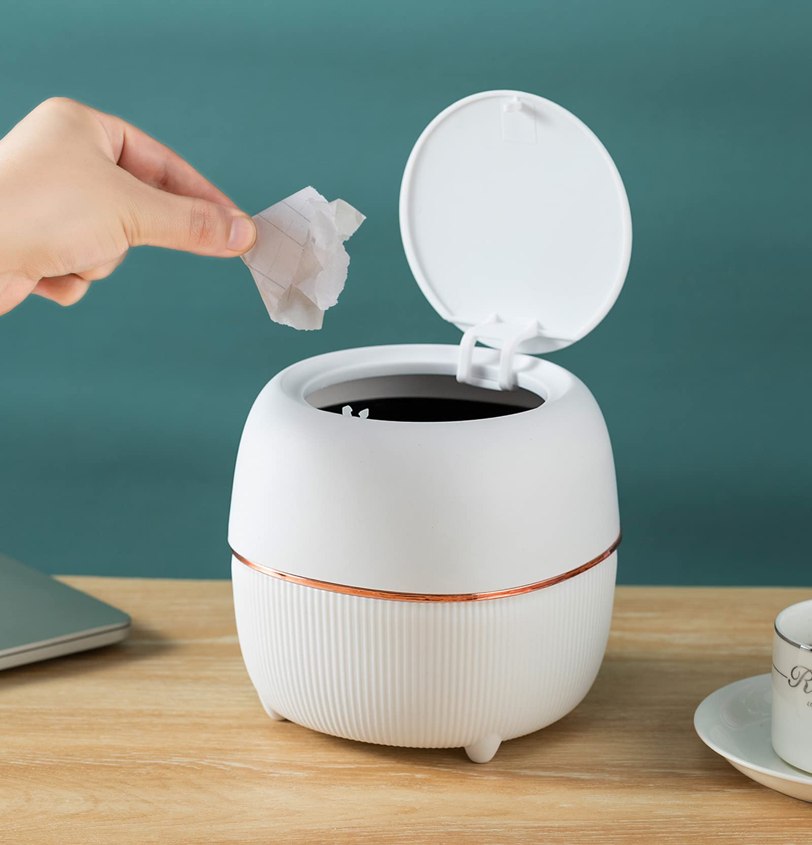 Creative Mini Desktop Trash Can with Lid - Small Plastic Waste Bin for Home & Office - Includes 50 Trash Bags (White) | Perfect for Desk, Bathroom, Bedroom & Car Organization