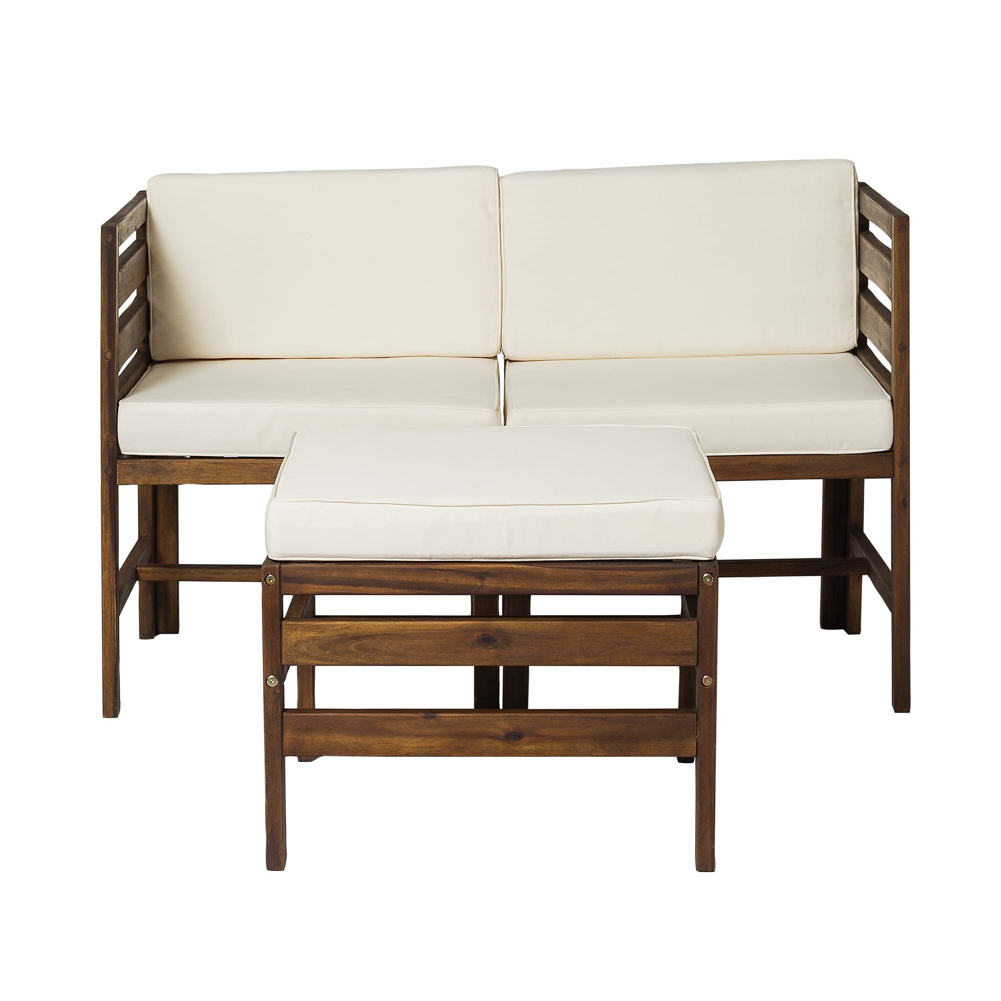 Walker Edison Ravello 3-Piece Acacia Wood Outdoor Modular Chat Set with Cushions - Dark Brown Patio Furniture for Garden, Deck, Poolside & Backyard Relaxation