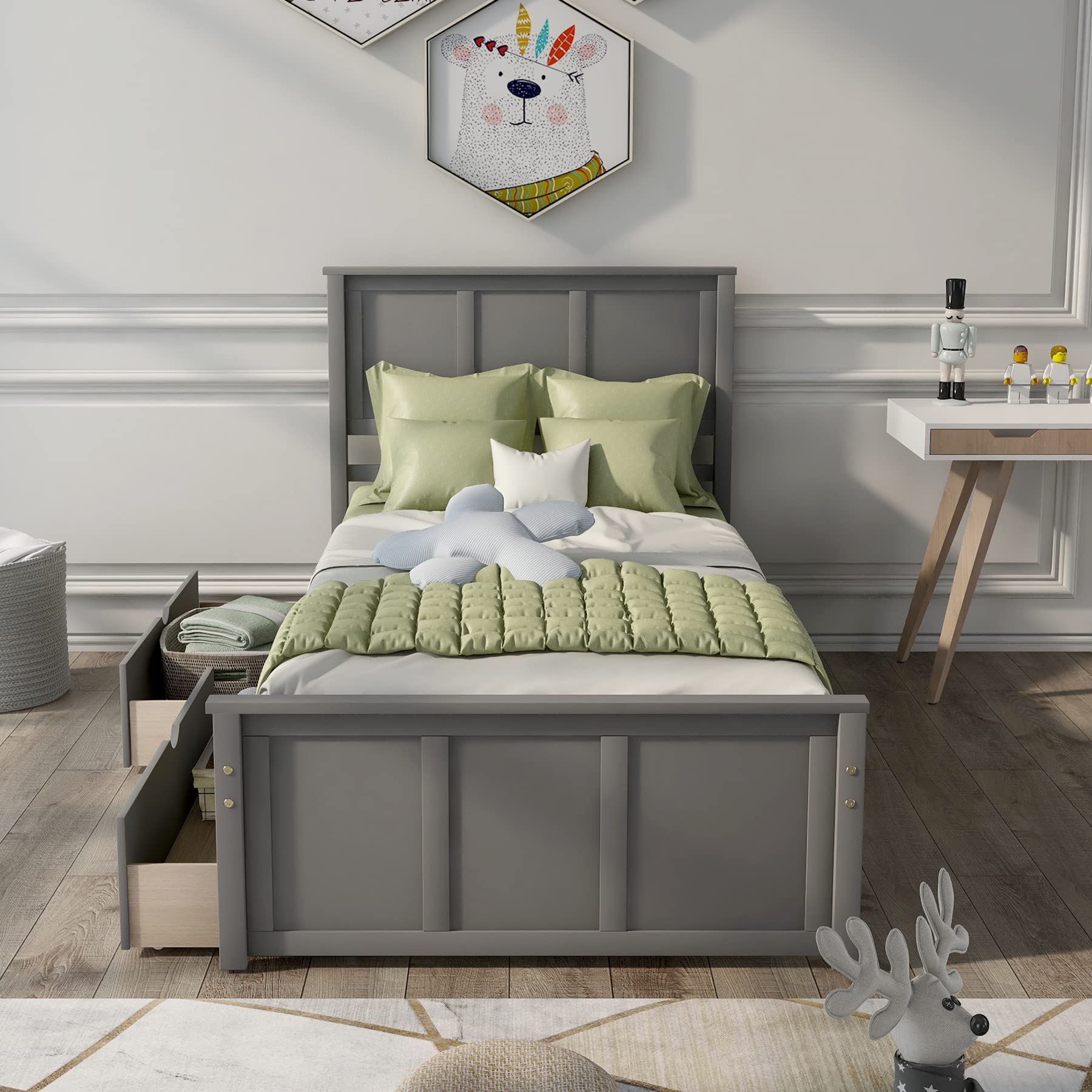 JINS&VICO Twin Size Solid Wood Platform Bed with 2 Storage Drawers - No Box Spring Needed - Captain Bed for Boys, Girls & Teens - Gray - Perfect for Small Bedrooms, Dorms & Kids' Rooms