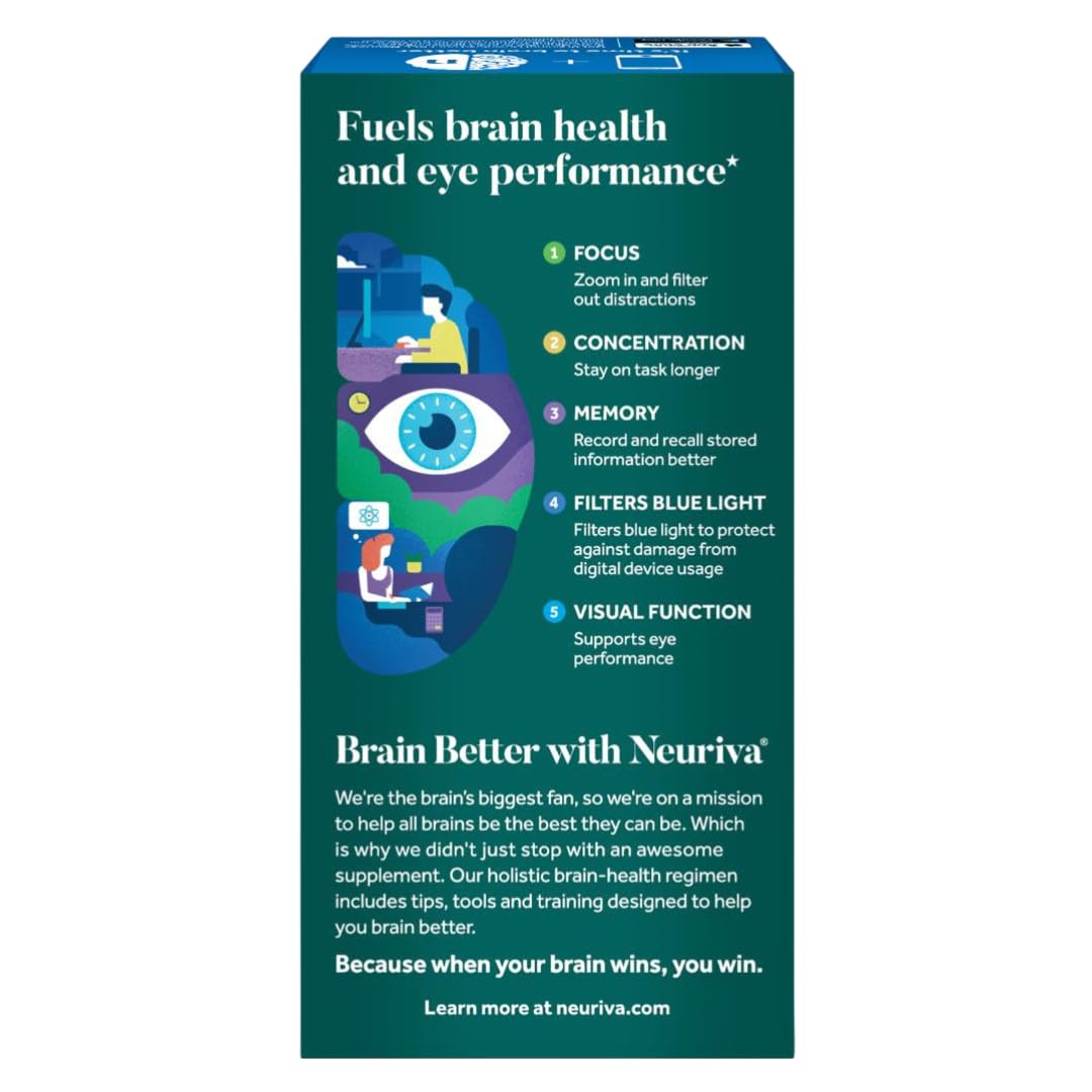 NEURIVA Brain & Eye Supplement for Memory, Focus & Concentration - Clinically Proven Lutein & Zeaxanthin with Vitamins A, C, E + Zinc - Supports Eye Health & Blue Light Protection - 30 Capsules (3 Pack) - Ideal for Students, Professionals & Gamers