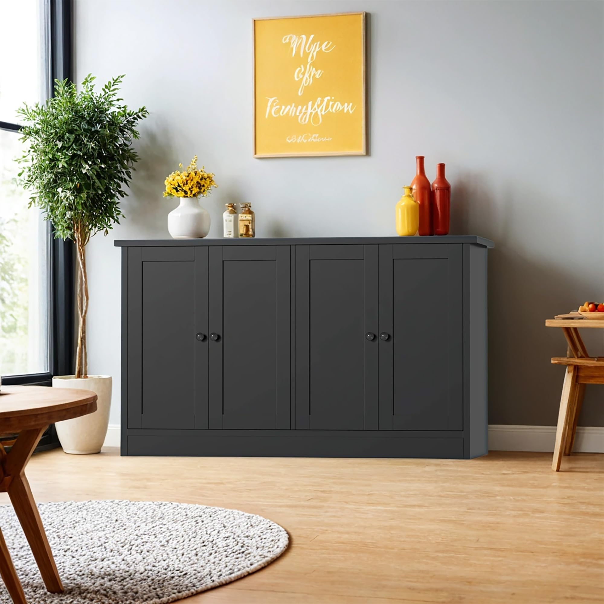 Black Buffet Storage Cabinet with 4 Doors, 49
