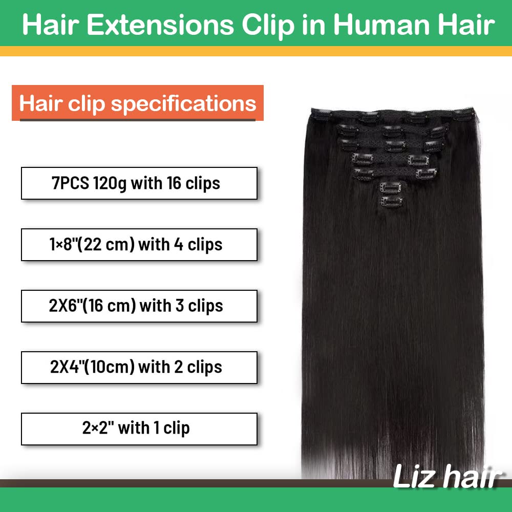 18 Inch Clip in Human Hair Extensions - 7pcs 120g Natural Black Silk Straight Hair - Perfect for Parties, Weddings & Daily Styling