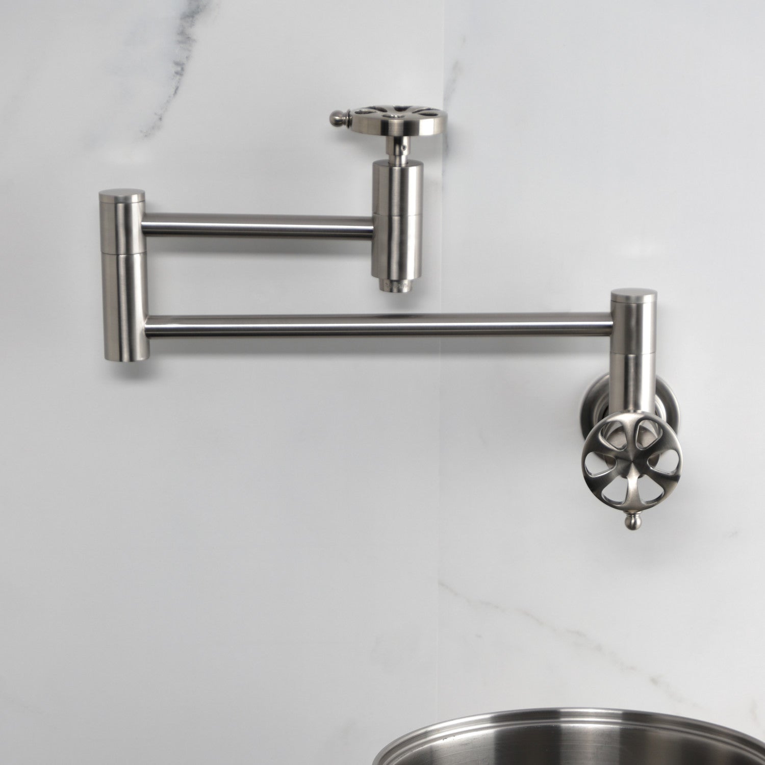 Belknap KS8108RX Brushed Nickel Two Handle Wall Mount Pot Filler Faucet - Perfect for Kitchen Sink, Stove & Cooking Area