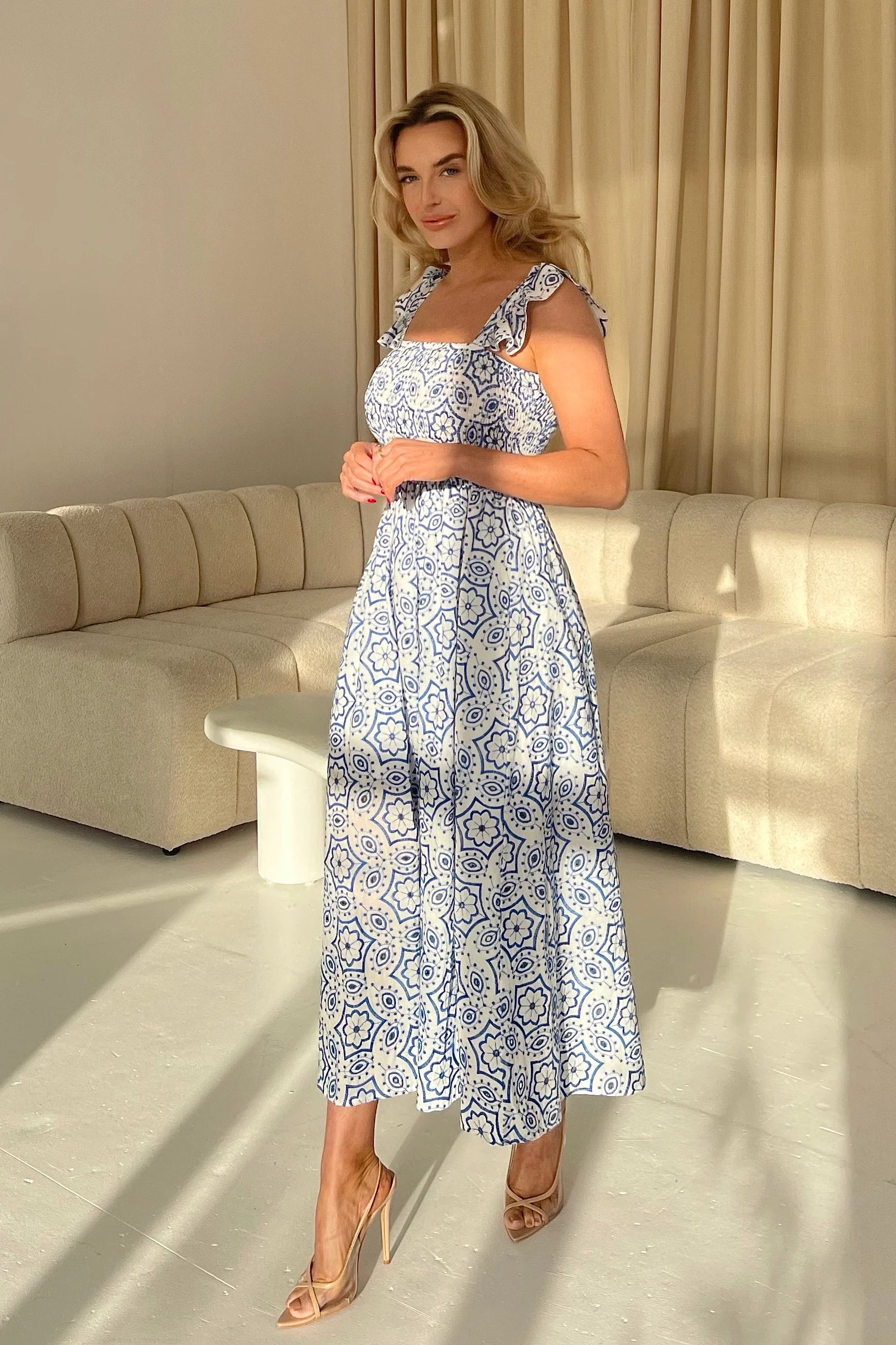 Lara Broderie Anglaise Maxi Dress for Women - Floral Embroidery Summer Beach Dress (Blue) | Perfect for Vacation, Wedding Guest & Boho Outfits