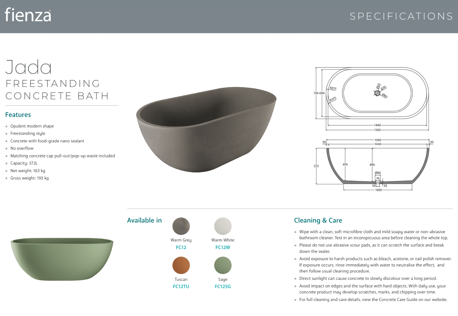 Fienza FC12W Jada Concrete Bathroom Sink in Warm White - Modern Farmhouse Vanity for Bathroom & Powder Room Renovation