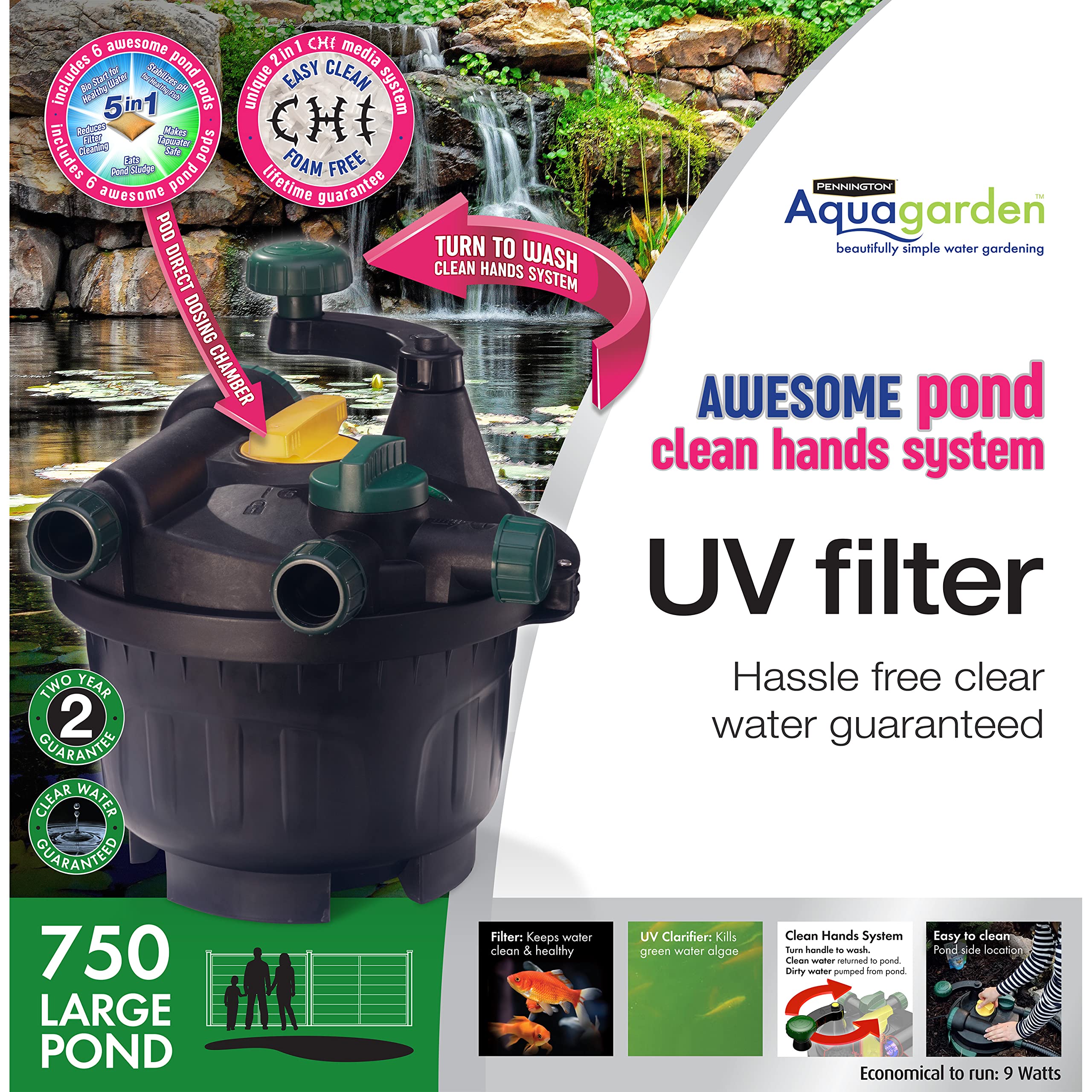 Premium Pond Clean Hands System with Mechanical & Biological Filtration - Foam-Free UV Water Clarifier for Ponds up to 750 Gallons (Black, Model 8846) - Easy Maintenance for Crystal Clear Water in Backyard Ponds & Water Gardens