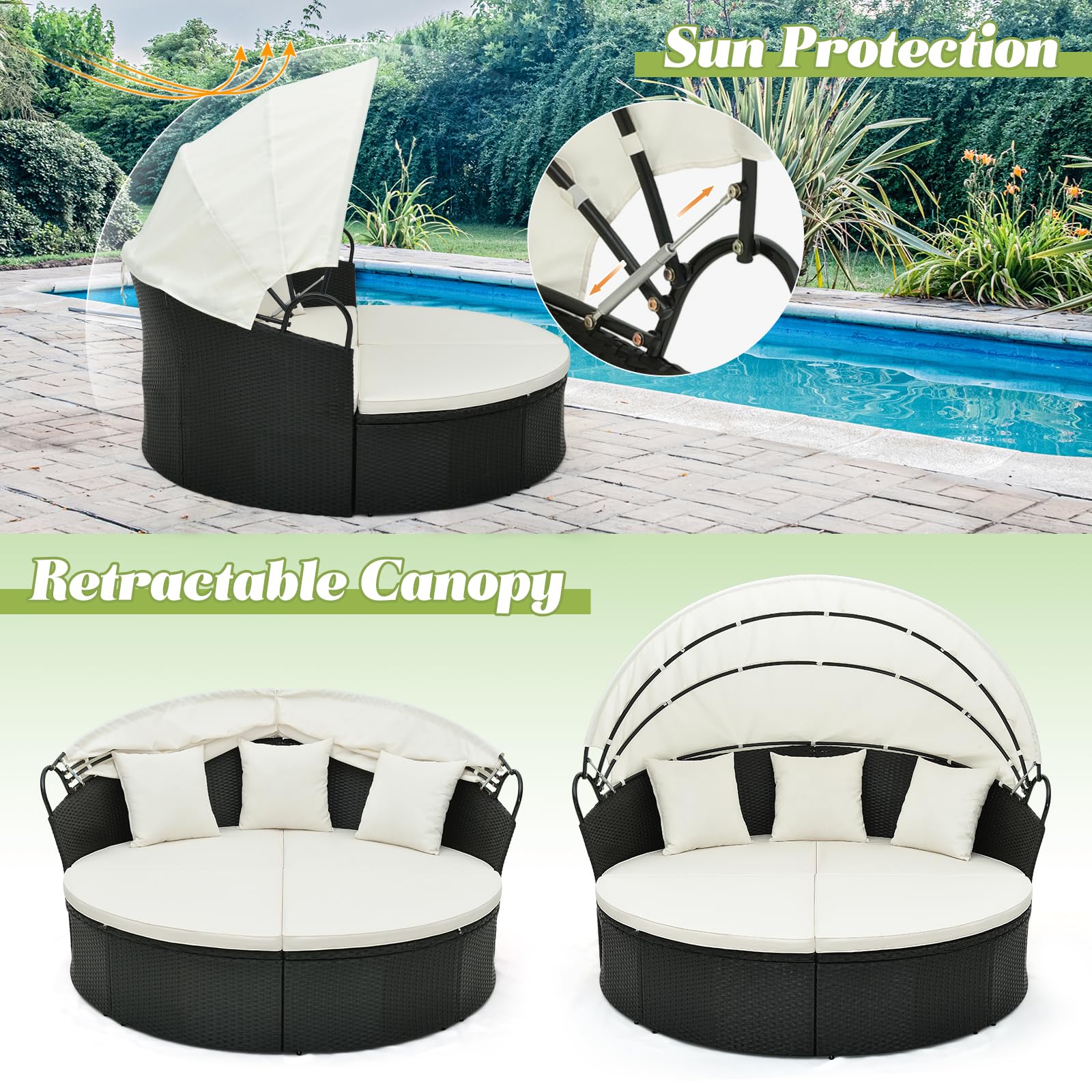 Tangkula Outdoor Patio Round Daybed with Retractable Canopy - Black Rattan Wicker Sectional Sofa with Cushions & Pillows - Backyard Lounge Furniture for Poolside, Garden, or Deck (Off White)