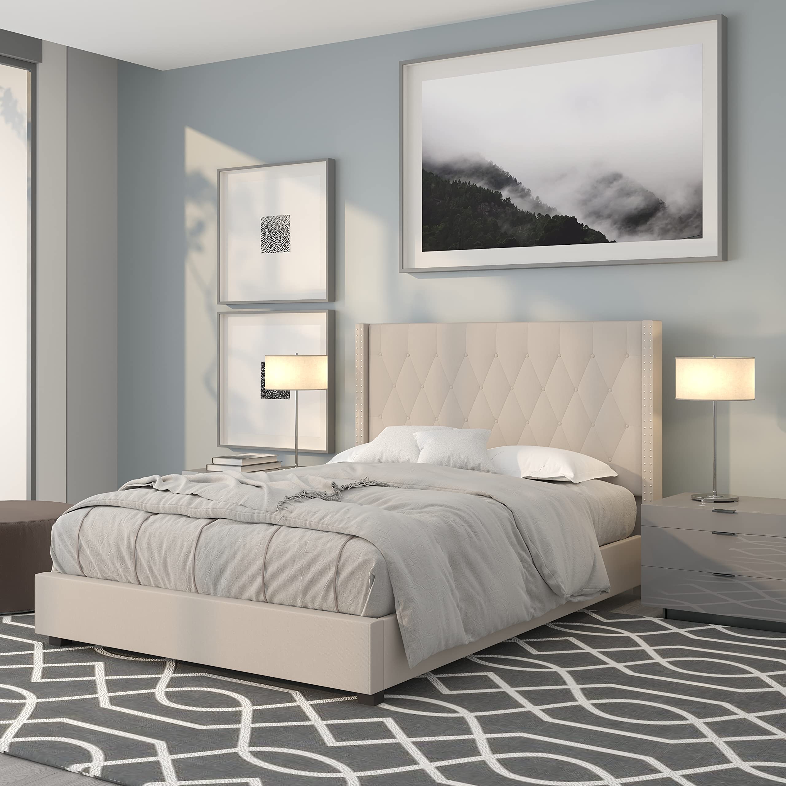 Full Accent Extended Panel Platform Bed Frame - Beige Fabric Upholstered Queen Size Bed with Headboard | Modern Bedroom Furniture for Small Spaces & Guest Rooms