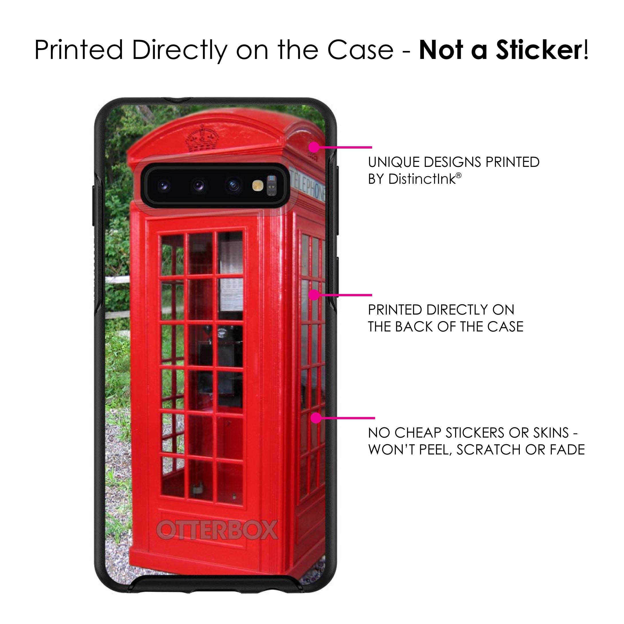 **DistinctInk Samsung Galaxy S10+ Plus Case (6.4 Inch) - Slim Protective Cover, Shockproof & Scratch Resistant - Black Design with Red London Phone Booth Print - Compatible with OtterBox Symmetry - Perfect for Travel, Work & Everyday Use**