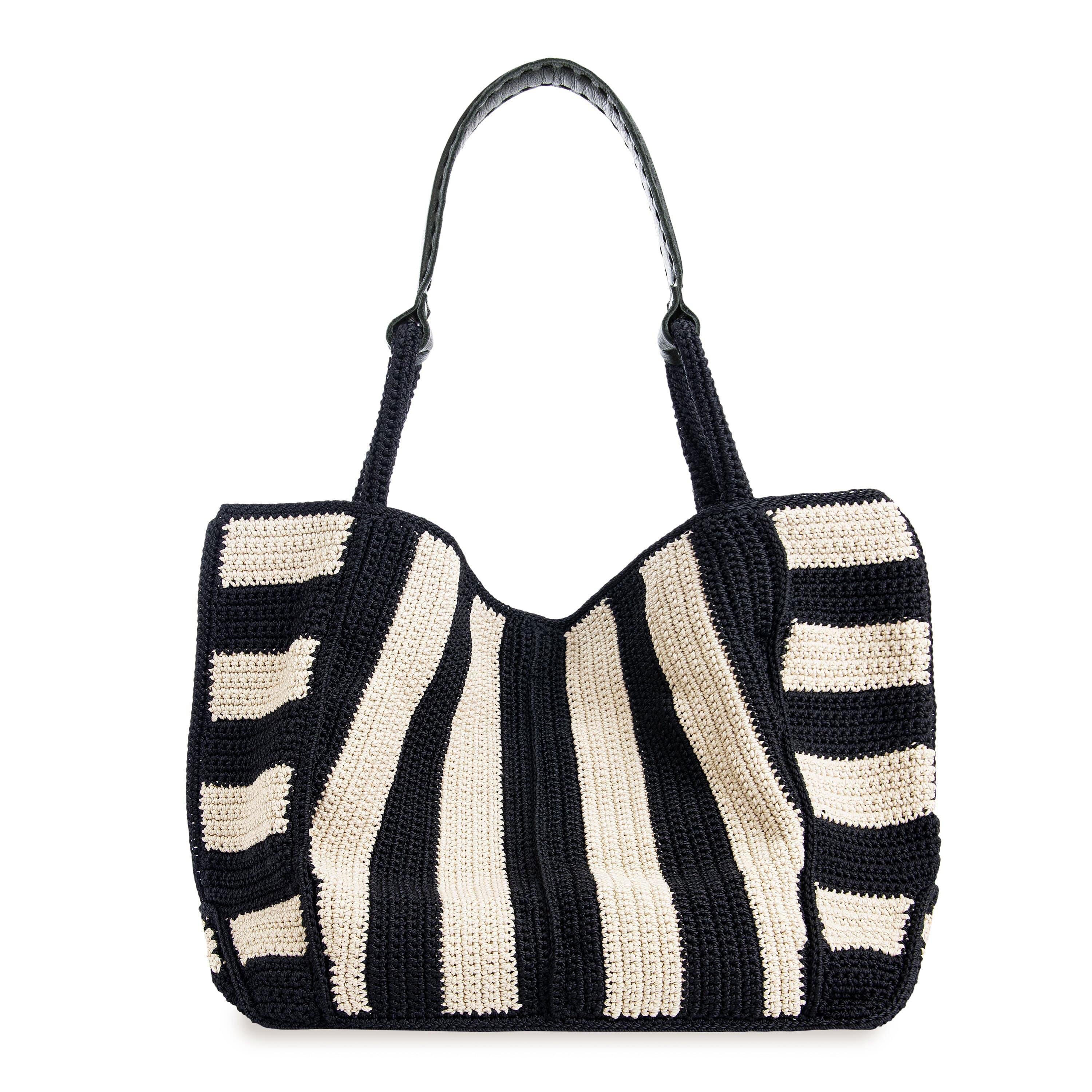 Los Feliz Large Hand Crochet Tote Bag - Black Stripe Design - Perfect for Beach, Shopping & Everyday Use