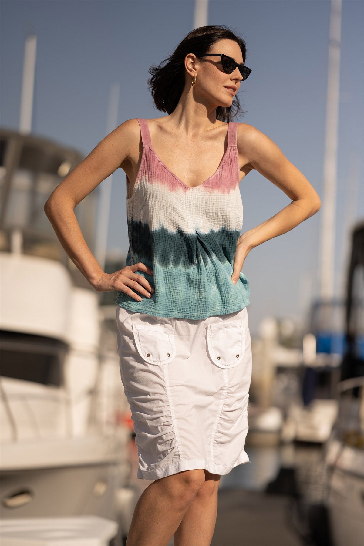 Hedley Gauze & Jersey Box Pleat Tank Top for Women - Breathable Summer Casual Wear - Perfect for Beach, Yoga & Everyday Outfits
