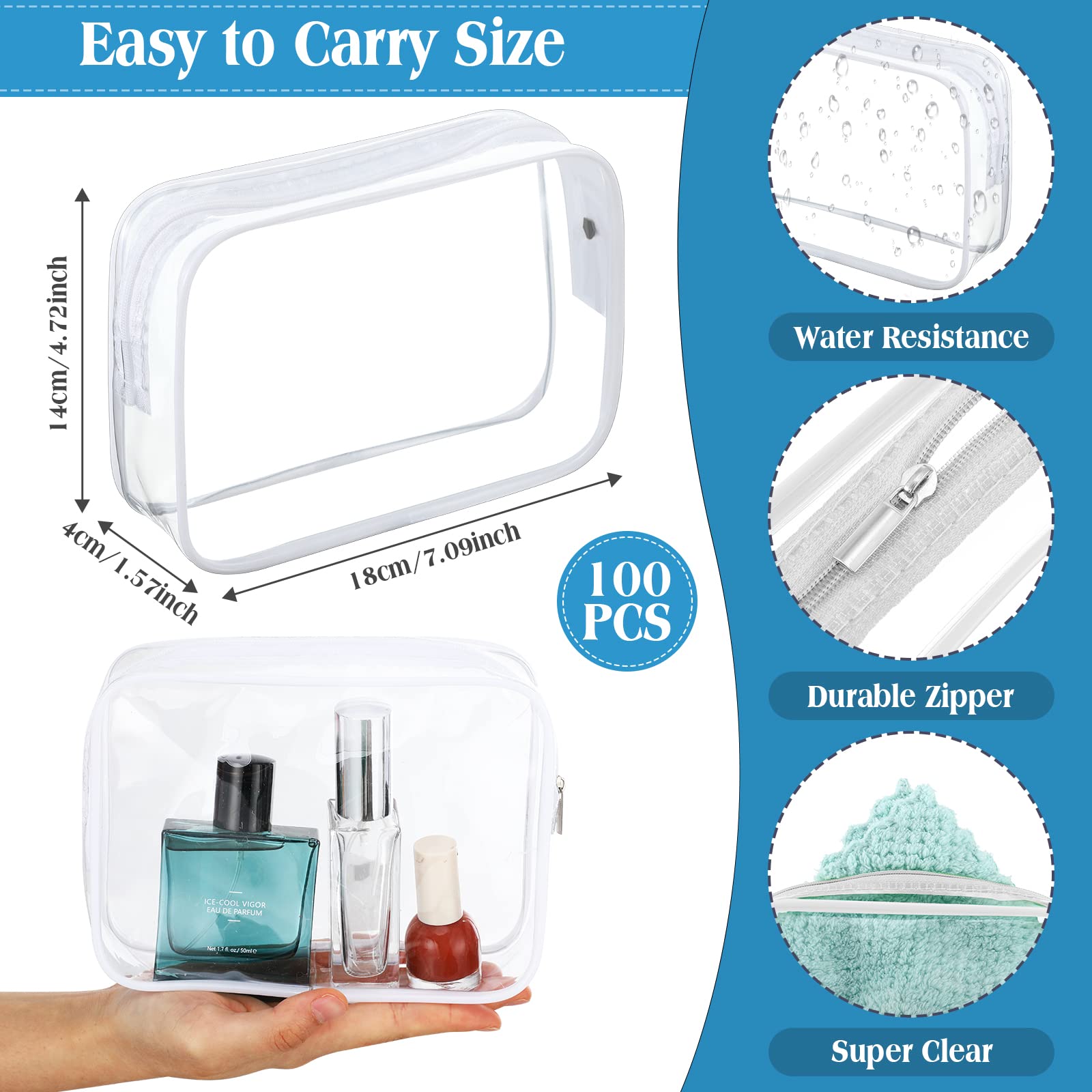 100 Pcs Clear Makeup Bags Bulk - TSA Approved Toiletry Travel Bags, Transparent Cosmetic Pouches with Zipper - Waterproof PVC Small Organizer for Men & Women (White) | Perfect for Air Travel, Gym, Beach & Daily Essentials Storage