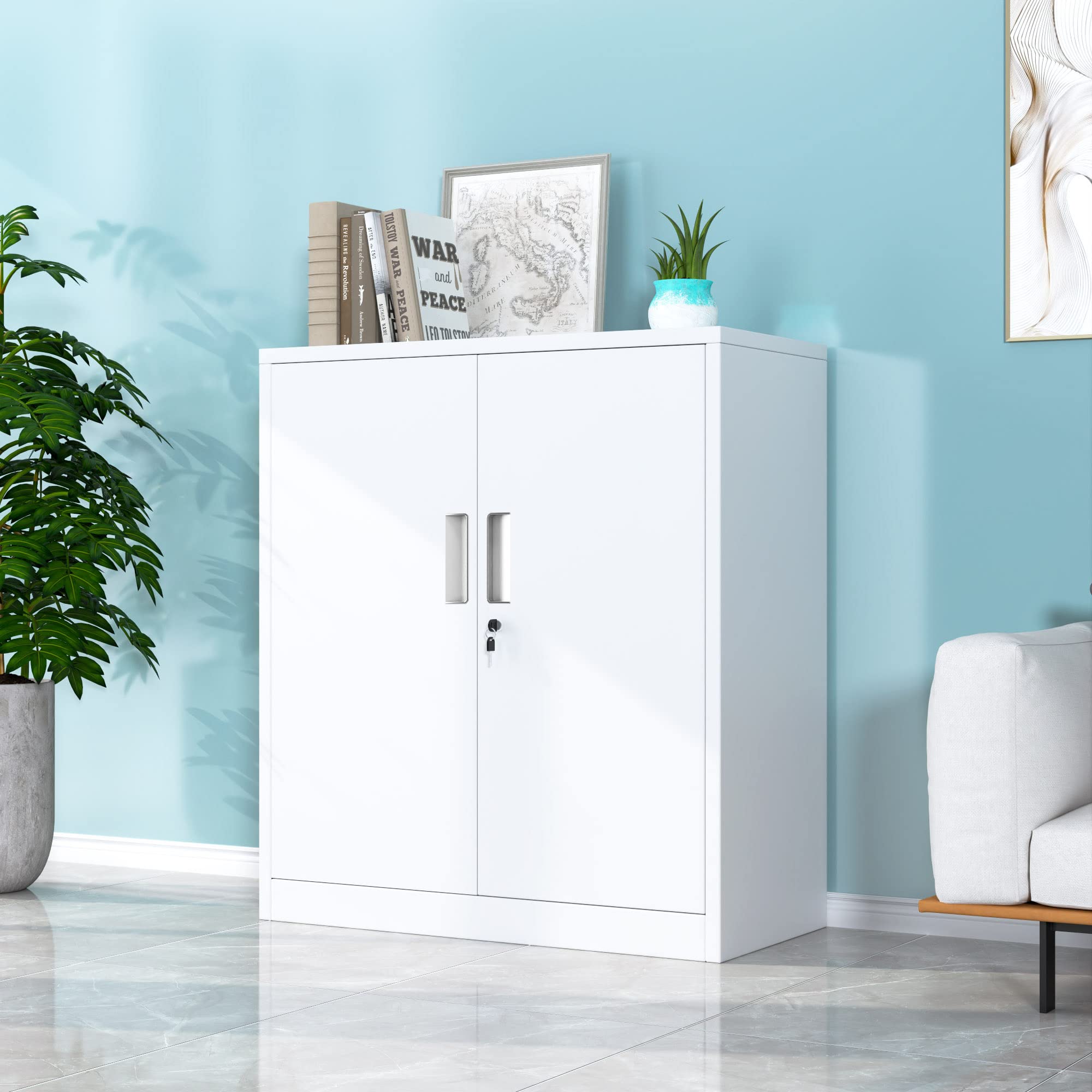 Lockable Metal Storage Cabinet with 2 Adjustable Shelves - Small Steel Storage Cabinet for Home, Office, Garage & Kitchen - White | Perfect for Organizing Tools, Files, Pantry Items & Cleaning Supplies