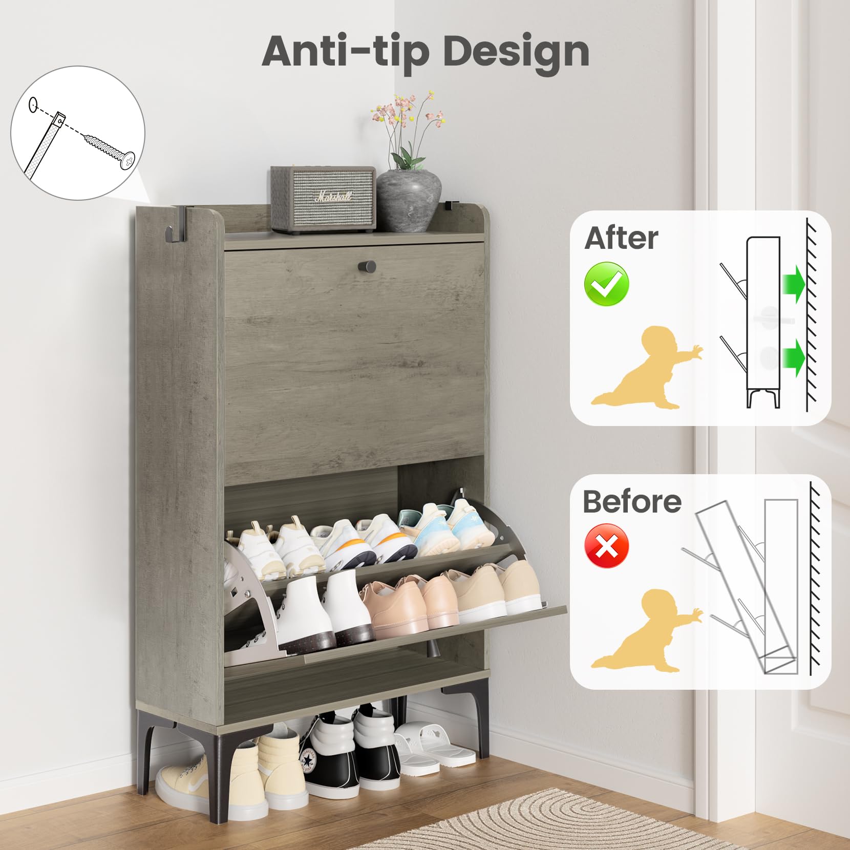 Dripex 2-Tier Flip Drawer Shoe Storage Cabinet - Modern Adjustable Narrow Shoe Rack with Metal Legs, Freestanding Entryway Organizer for Hallway, Living Room, Bedroom (23