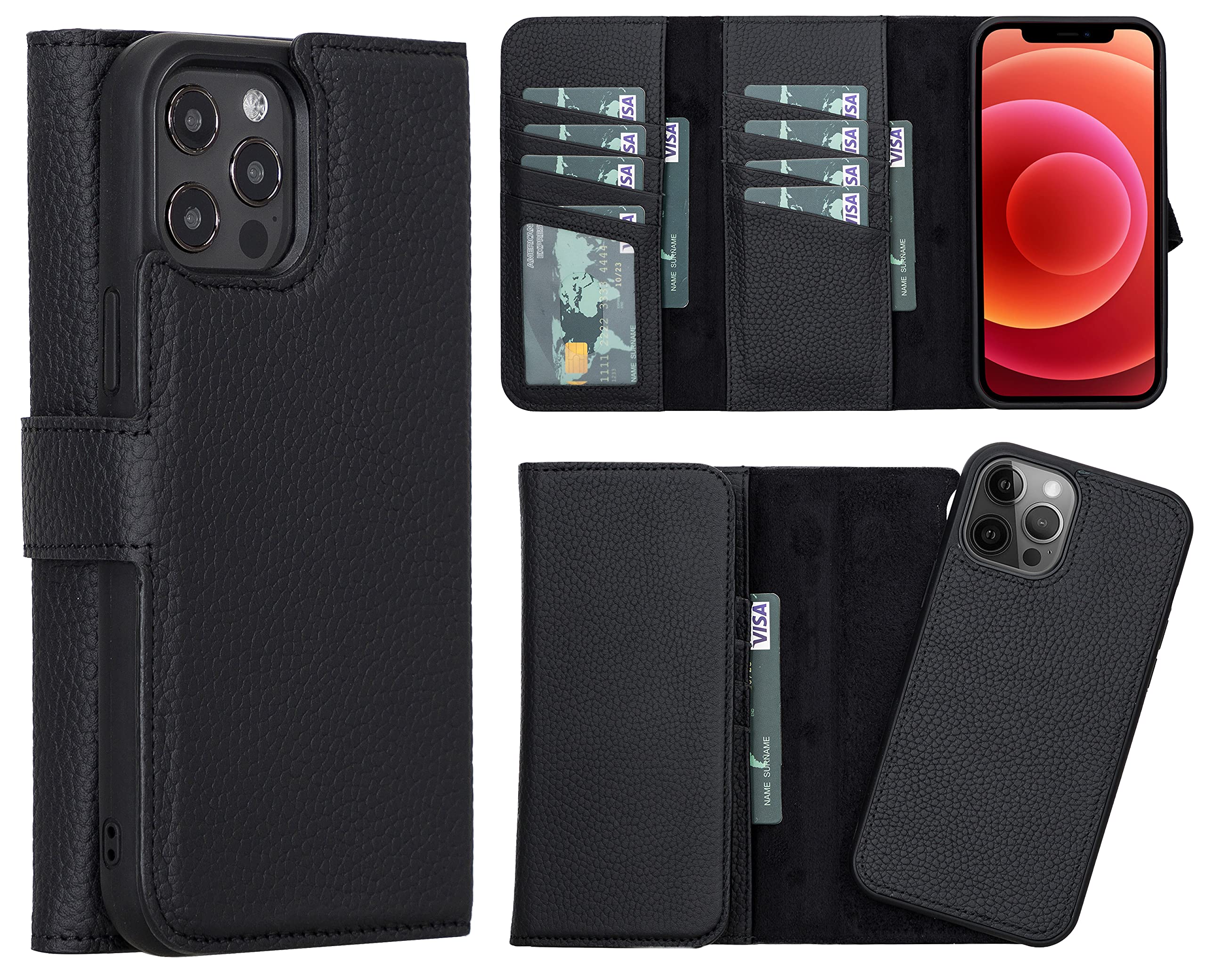 Bayelon Premium Leather iPhone 12 Pro Max Case with MagSafe - Trifold Wallet Design, Detachable Magnetic Cover, 3 Card Slots & Kickstand (Floater Black) | Perfect for Business Travel & Daily Protection