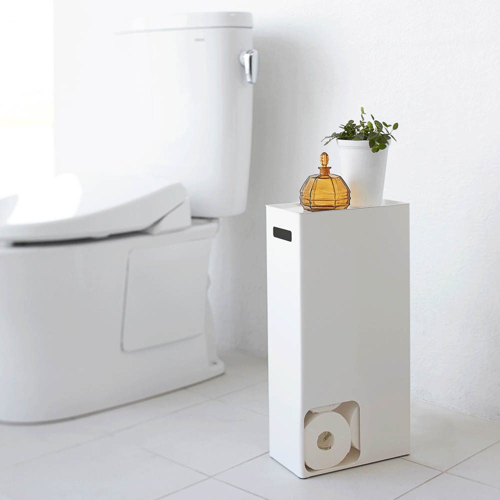 YAMAZAKI White Toilet Paper Holder & Storage Organizer - Space-Saving Bathroom Accessory for Small Spaces & Modern Home Decor