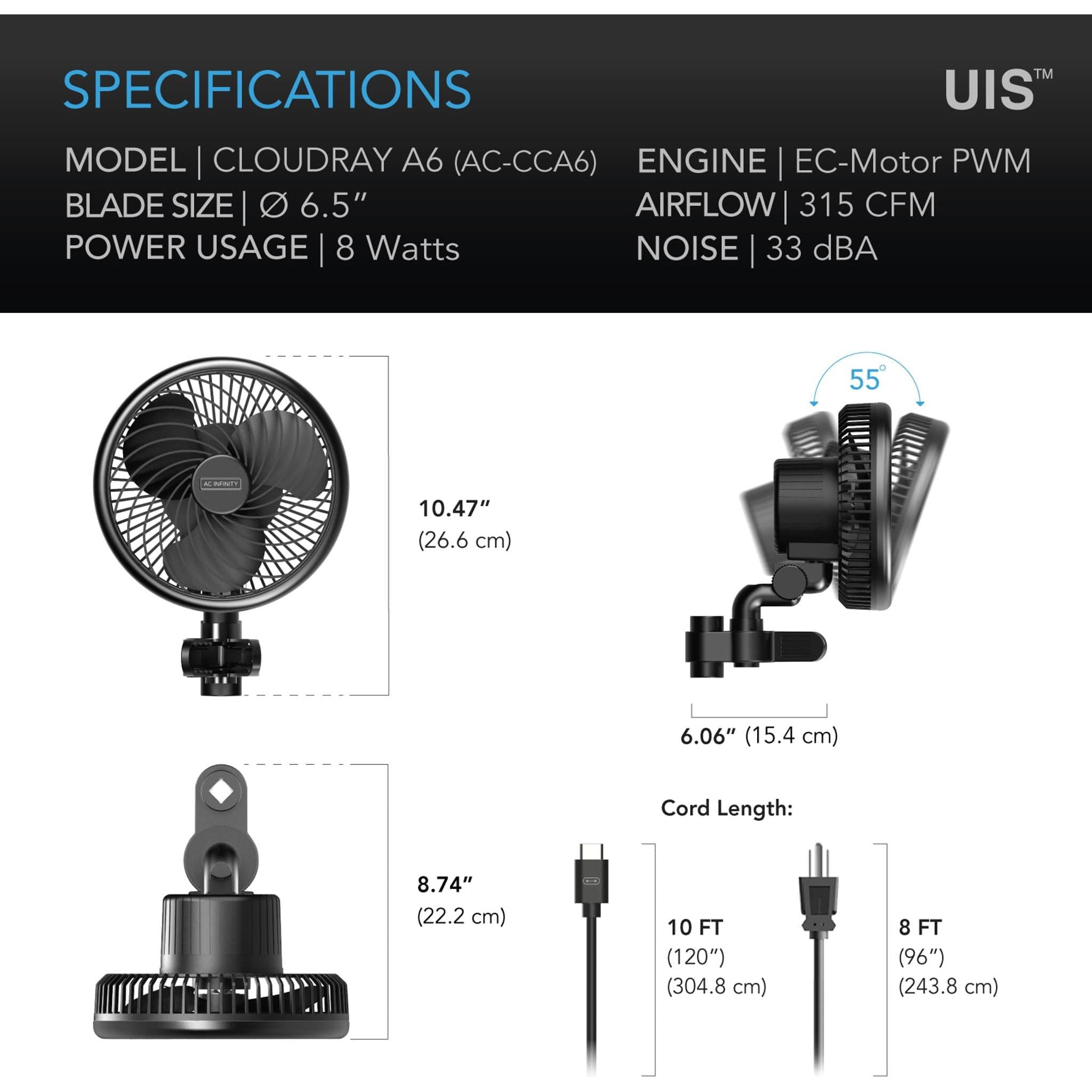 AC Infinity CloudRay A6 Clip-On Grow Tent Fan - 6 Inch Oscillating Fan for Hydroponics, Indoor Plants & Greenhouse Ventilation - Perfect for Grow Rooms, Greenhouses & Indoor Gardening