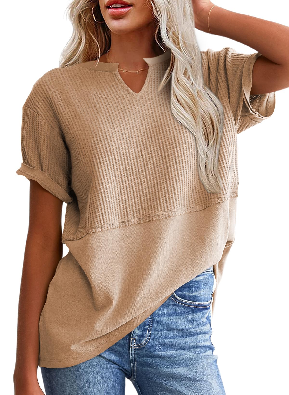 SHEWIN Women's Casual V-Neck Waffle Knit Top - Short Sleeve Loose Blouse T-Shirt for Summer, Travel & Everyday Wear