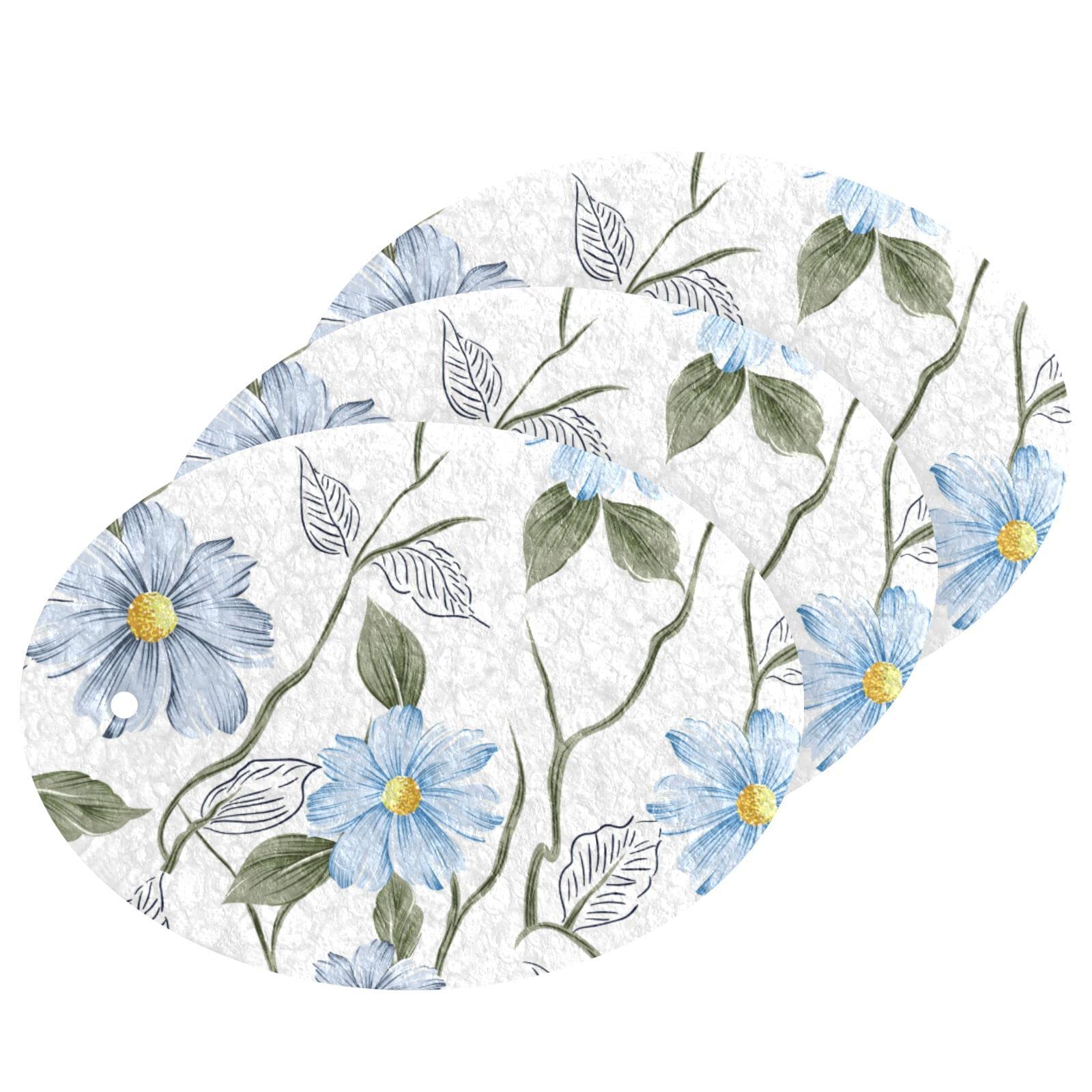 Kcldeci 3 Pack Kitchen Dish Scrub Sponge Pads - Allover Blue Brown Flower Pattern, Durable Dishwashing Scrubbers for Household Cleaning, Perfect for Kitchen Sinks and Countertops