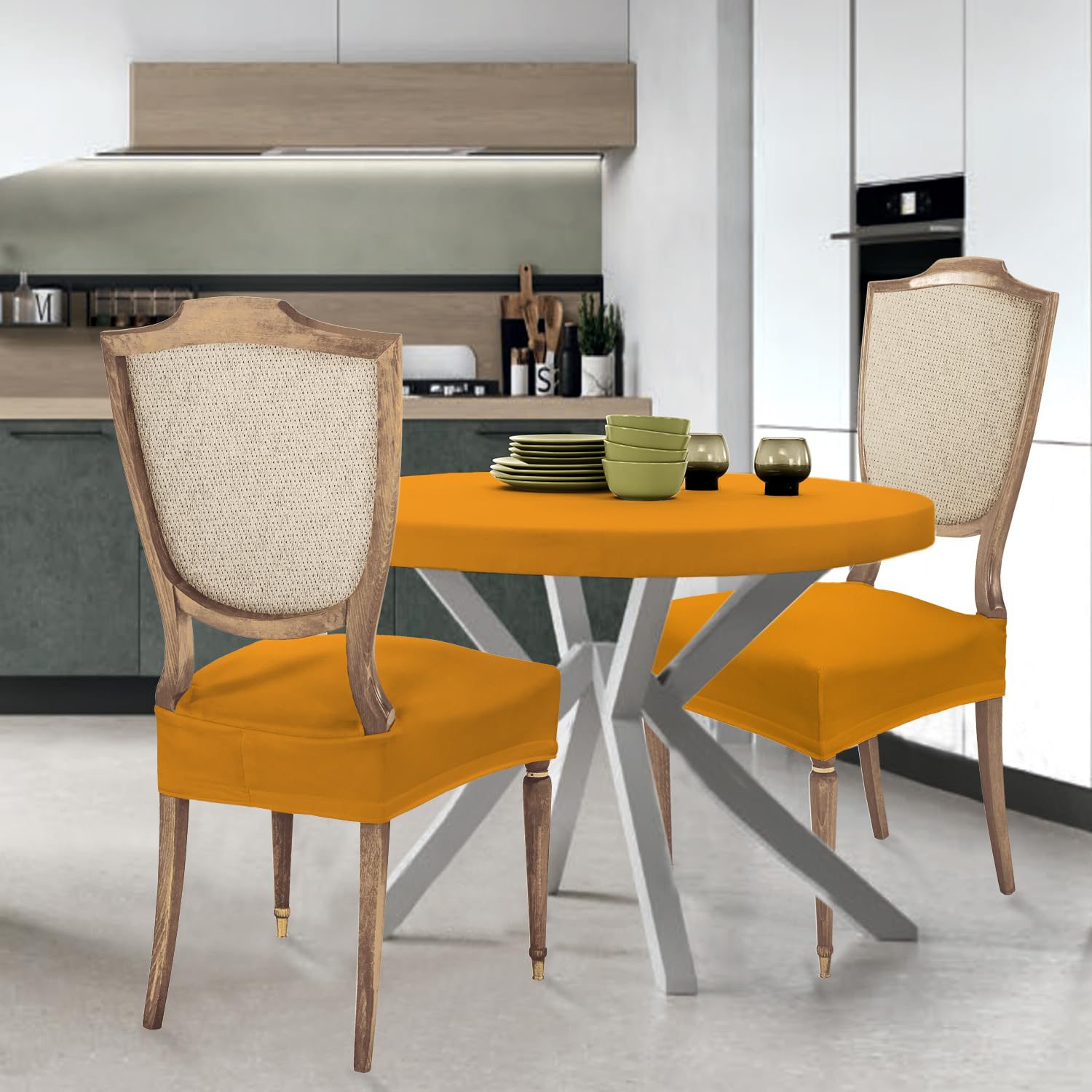 Elastic Dining Chair Seat Covers - Stain-Resistant, Washable & Adjustable Slipcovers for Restaurant, Hotel & Home Use (Gold, Set of 2) - Perfect for Protecting Chairs from Spills & Stains