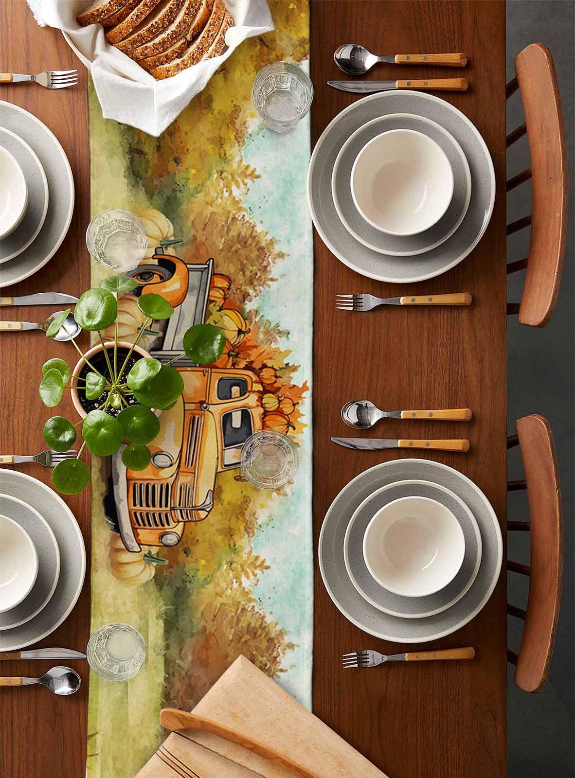 108 Inch Washable Linen Fall Thanksgiving Table Runner - Orange Truck Pumpkin Design for Farmhouse Dining, Kitchen Decor, Holiday Party & Dresser Scarf | Perfect for Autumn Gatherings, Thanksgiving Dinner & Seasonal Home Decoration