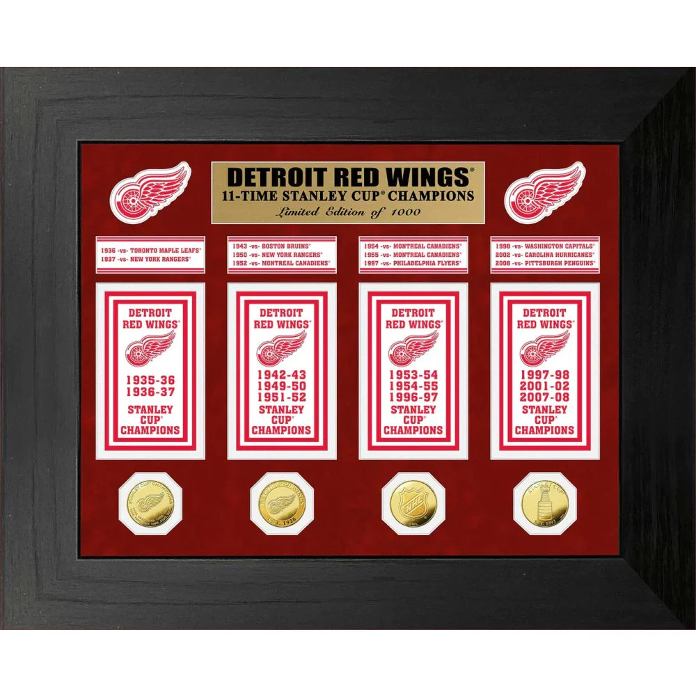 Detroit Red Wings Stanley Cup Champions Banner & Gold Coin Framed Collage - Perfect for Hockey Fans, Man Cave Decor, and Sports Memorabilia Collectors