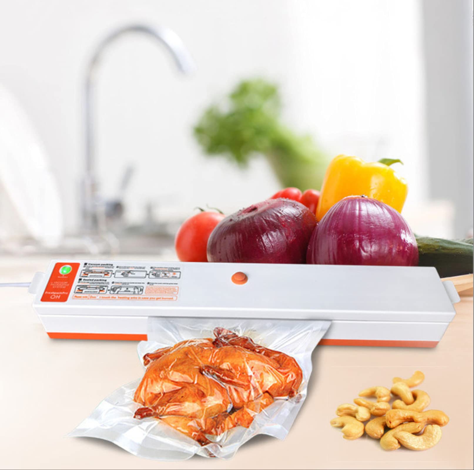 Automatic Vacuum Food Sealer Machine for Home Kitchen - Compact & Portable, Works with Dry, Wet & Oily Foods - Includes 15 Reusable Food Storage Bags (37.5x9.5x5.5cm) - Perfect for Meal Prep, Sous Vide & Food Preservation