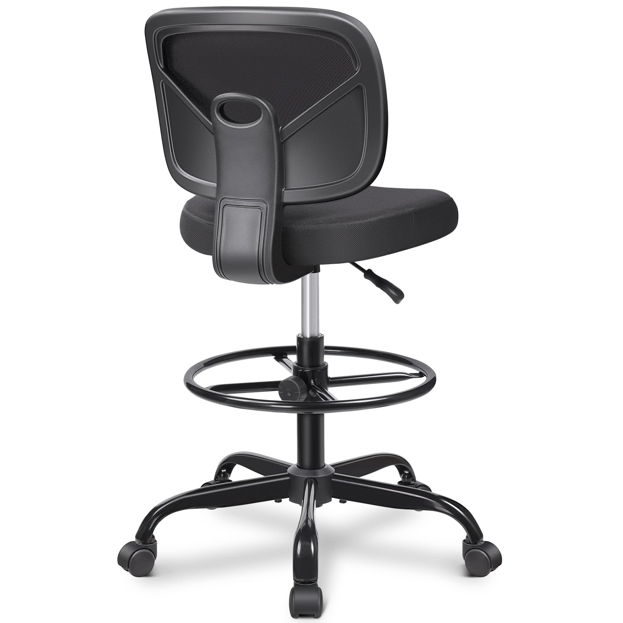 Primy Adjustable Height Drafting Chair - Armless Mid-Back Ergonomic Office Chair with Foot Ring & Mesh Back - Rolling Swivel Stool for Standing Desks, Art Studios, Home Office & Workspaces (Black)