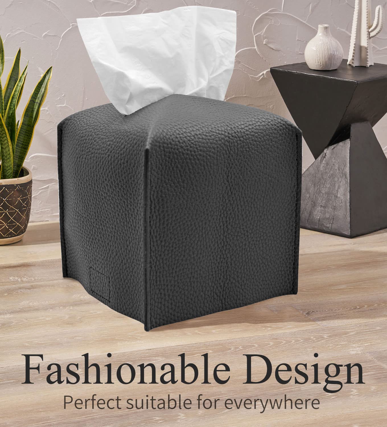 Livelab Square PU Leather Tissue Box Cover - Modern Decorative Tissue Holder for Bathroom, Vanity, Nightstand, Desk & Car (5x5x5 Inches, Dark Gray) | Home Office & Car Organization Accessory