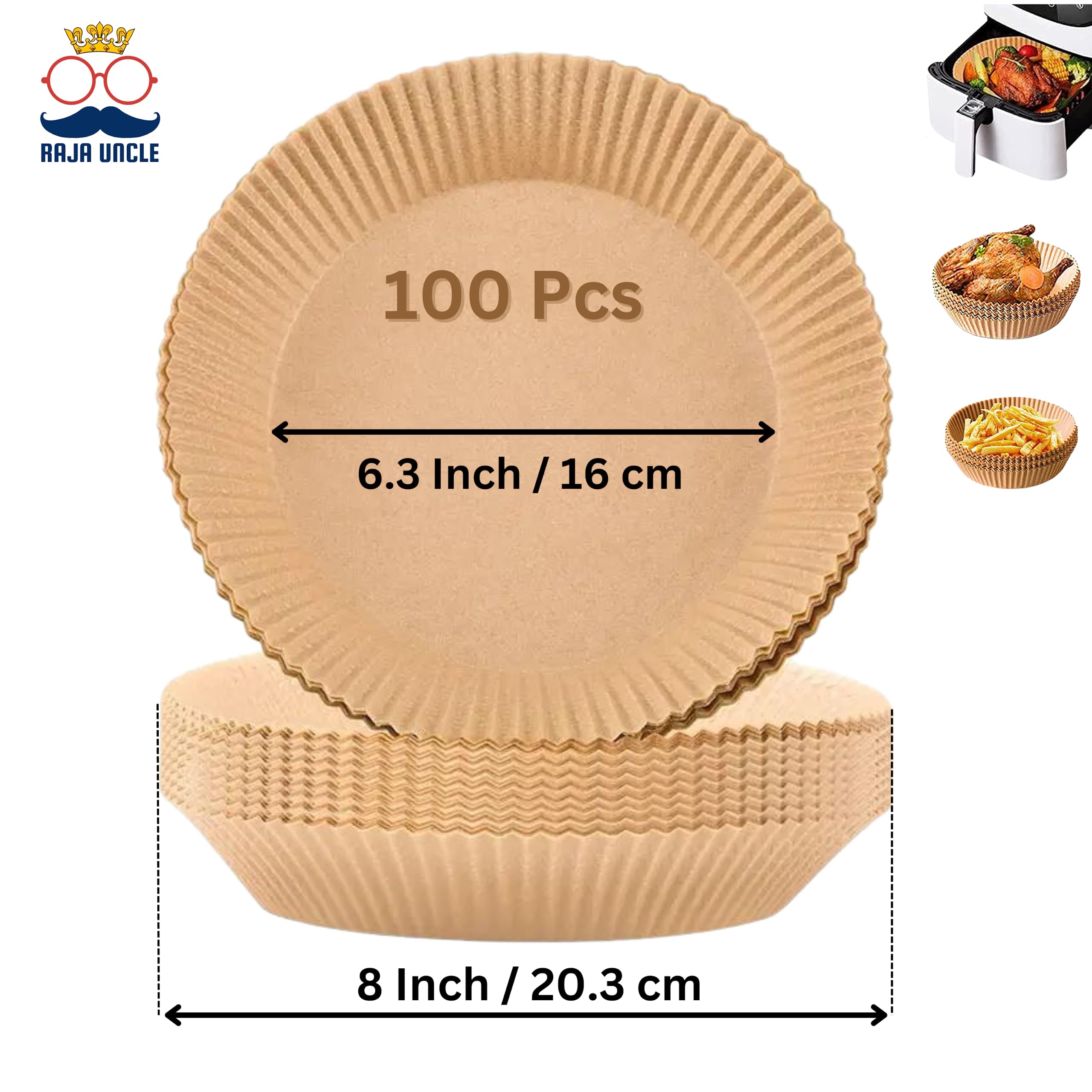 RAJA UNCLE 100PCS 6.3 Inch Round Air Fryer Liners - Disposable Non-Stick Greaseproof Paper Liners for COSORI, Ninja & Tower Air Fryers - Perfect for Cooking Chicken Wings, French Fries & Healthy Snacks