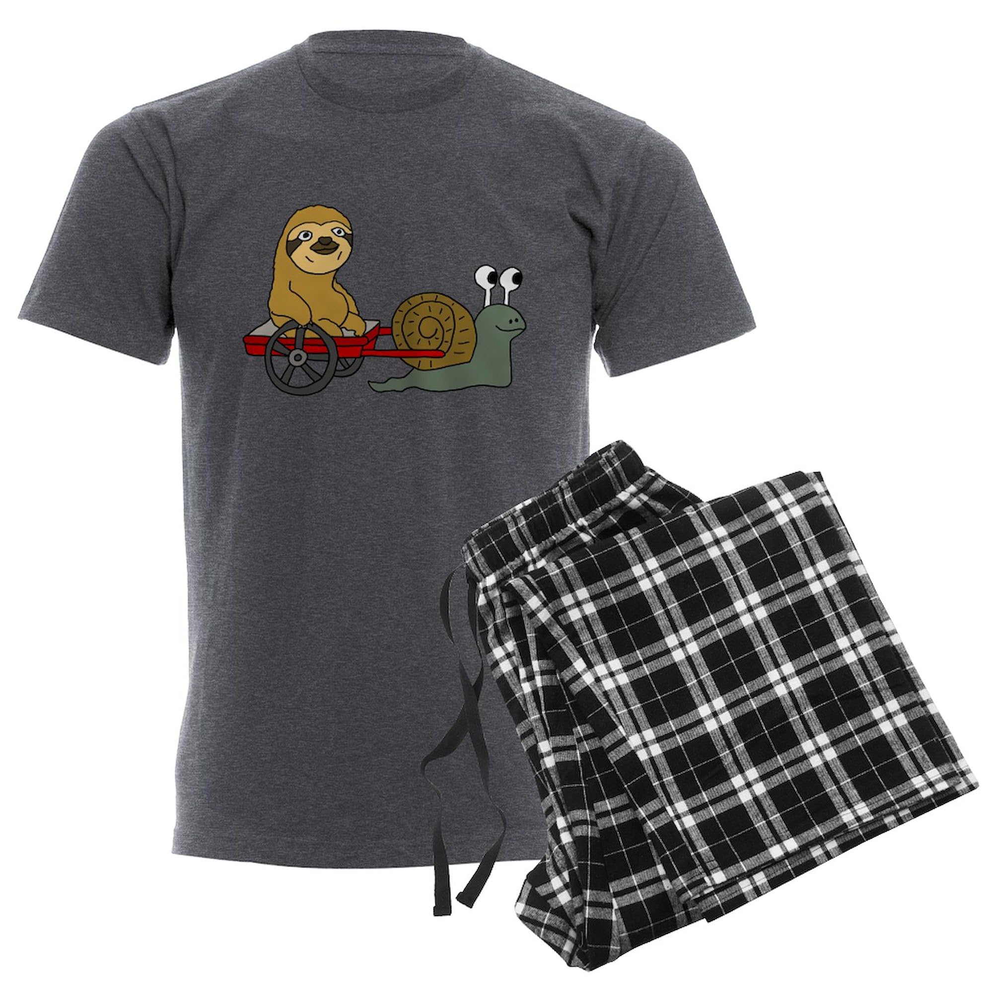 Snail Pulling Wagon with Sloth Men's Charcoal Pajamas - Funny Novelty Sleepwear for Relaxing at Home & Lounge Wear