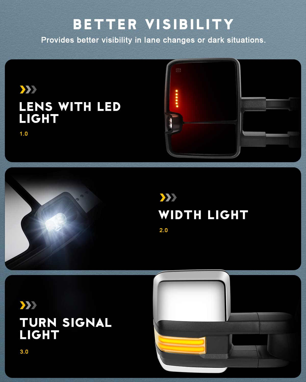 OCPTY Power Heated Towing Mirrors with LED Turn Signal & Running Lights - Compatible with 1999-2002 Chevy Silverado & GMC Sierra Pickups - Chrome Housing - Perfect for Towing, Off-Roading & Night Driving